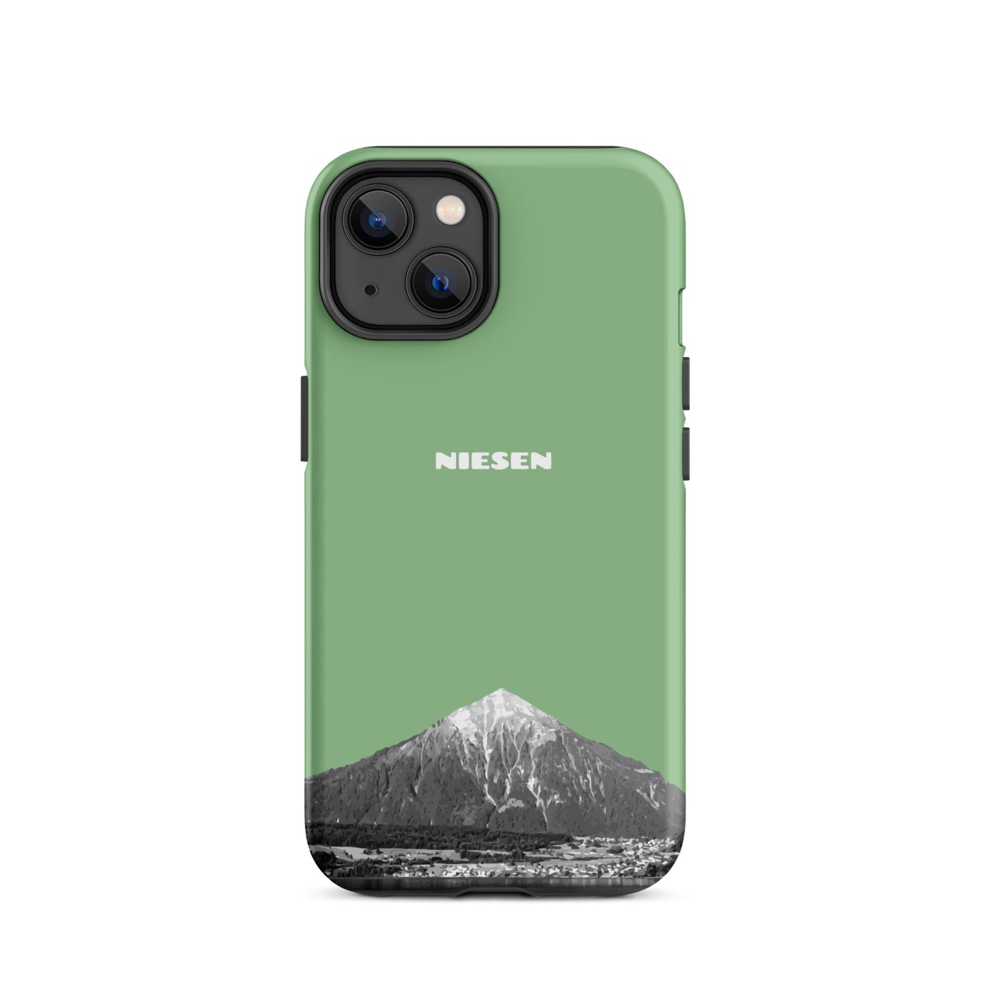 Robuste iPhone 14 Hülle in Hellgrün mit Niesen-Motiv, mattierte Oberfläche, stoßfest.