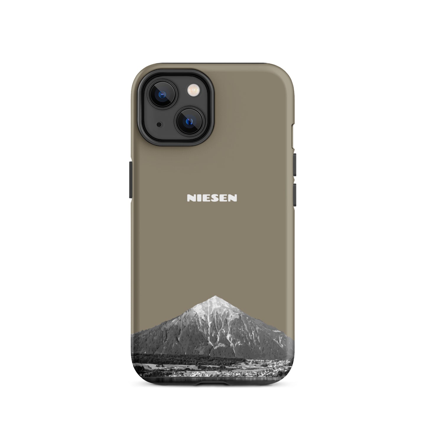 Graubraune iPhone 14 Handyhülle mit Niesen-Motiv, matt und robust.