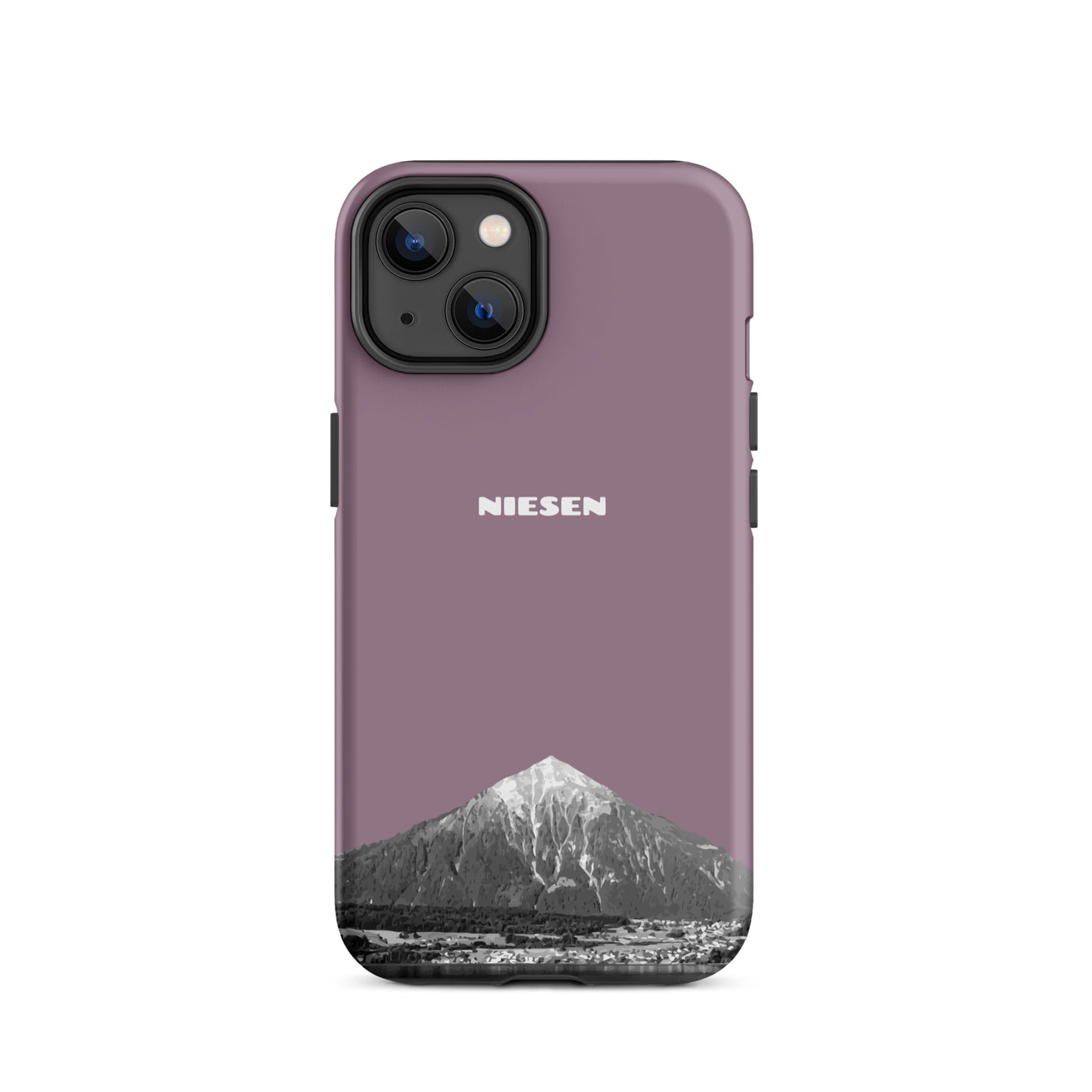 Matte Handyhülle für iPhone 14 in Pastellviolett mit Niesen-Motiv aus dem Berner Oberland.