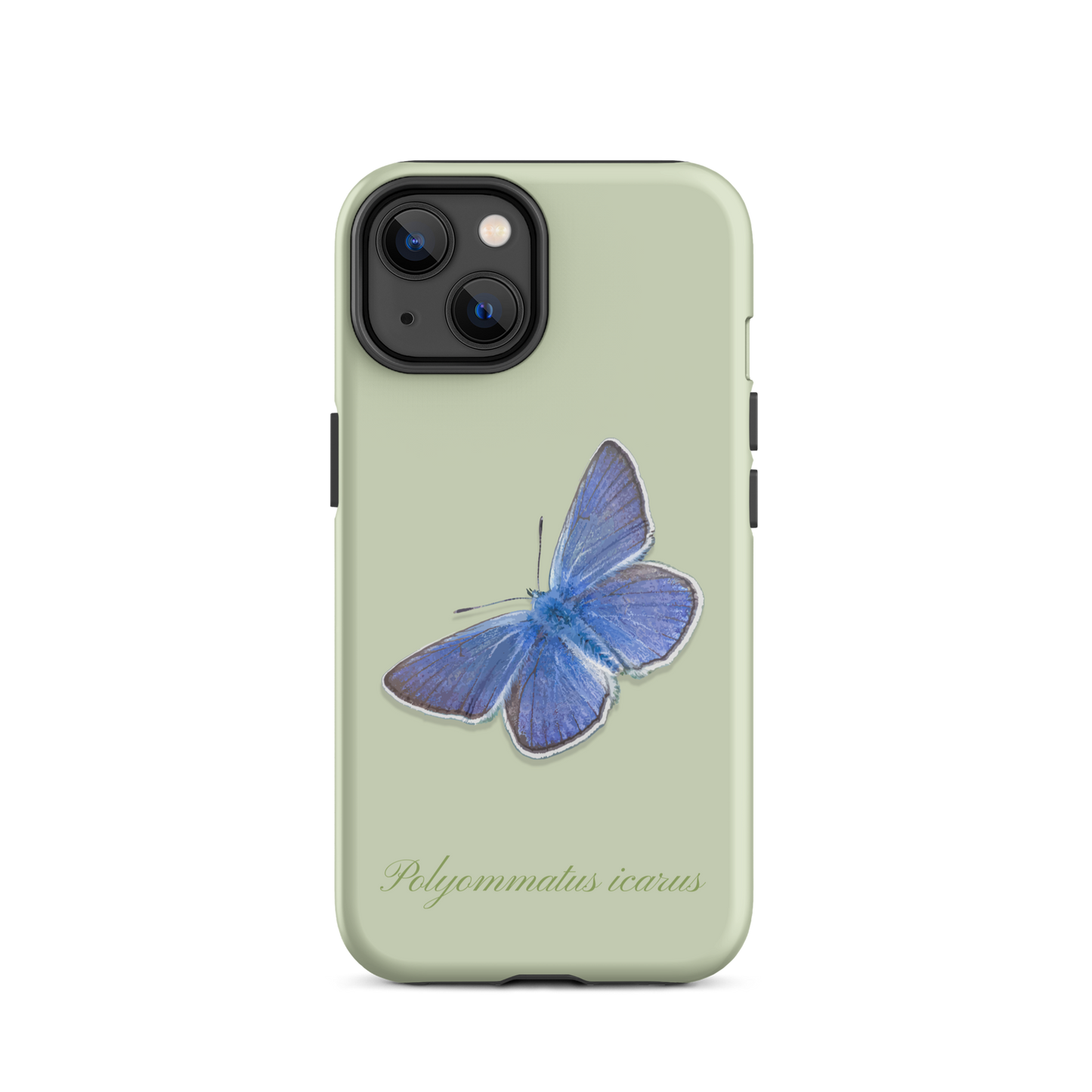 iPhone Case Bläuling in Hellgrün, matte Oberfläche, seitliche Schutzlippe, präzise Aussparungen für iPhone 14.