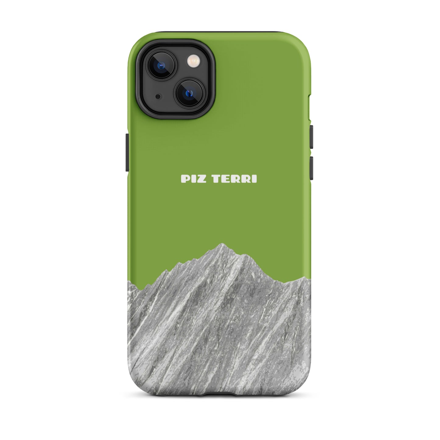 Gelbgrüne iPhone Hülle mit Piz Terri Motiv, matt, robuste Schutzhülle für iPhone 14 Plus.