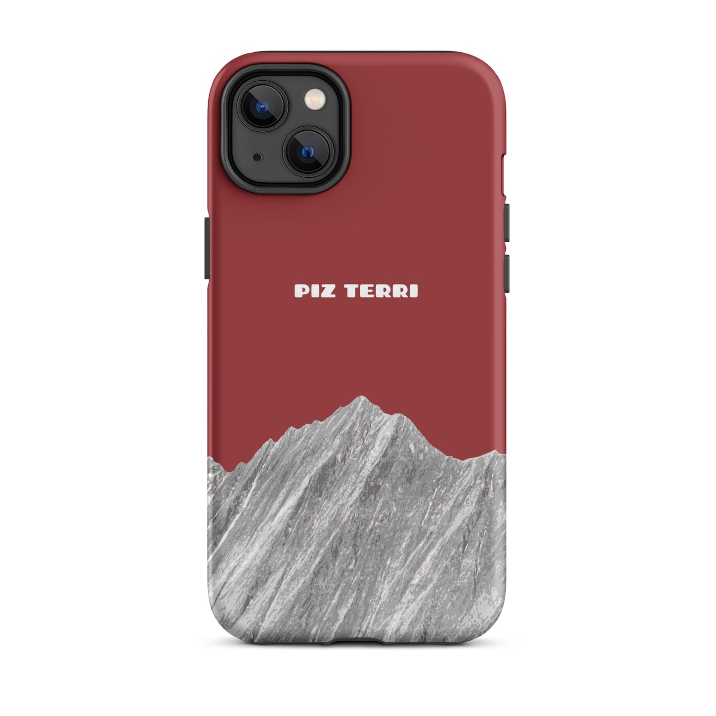 Robuste iPhone-Hülle in Rot mit Piz Terri Motiv, mattierte Oberfläche für besseren Griff.