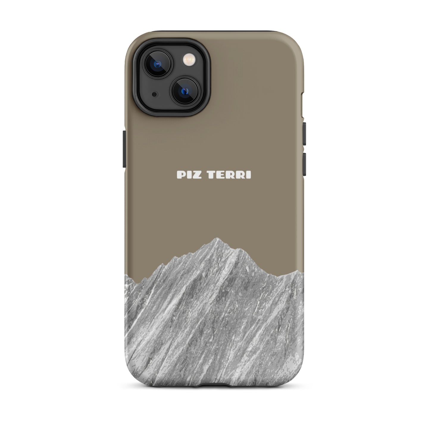 iPhone 14 Plus Hülle in Graubraun mit mattem Finish, Piz Terri Design, Vorderansicht
