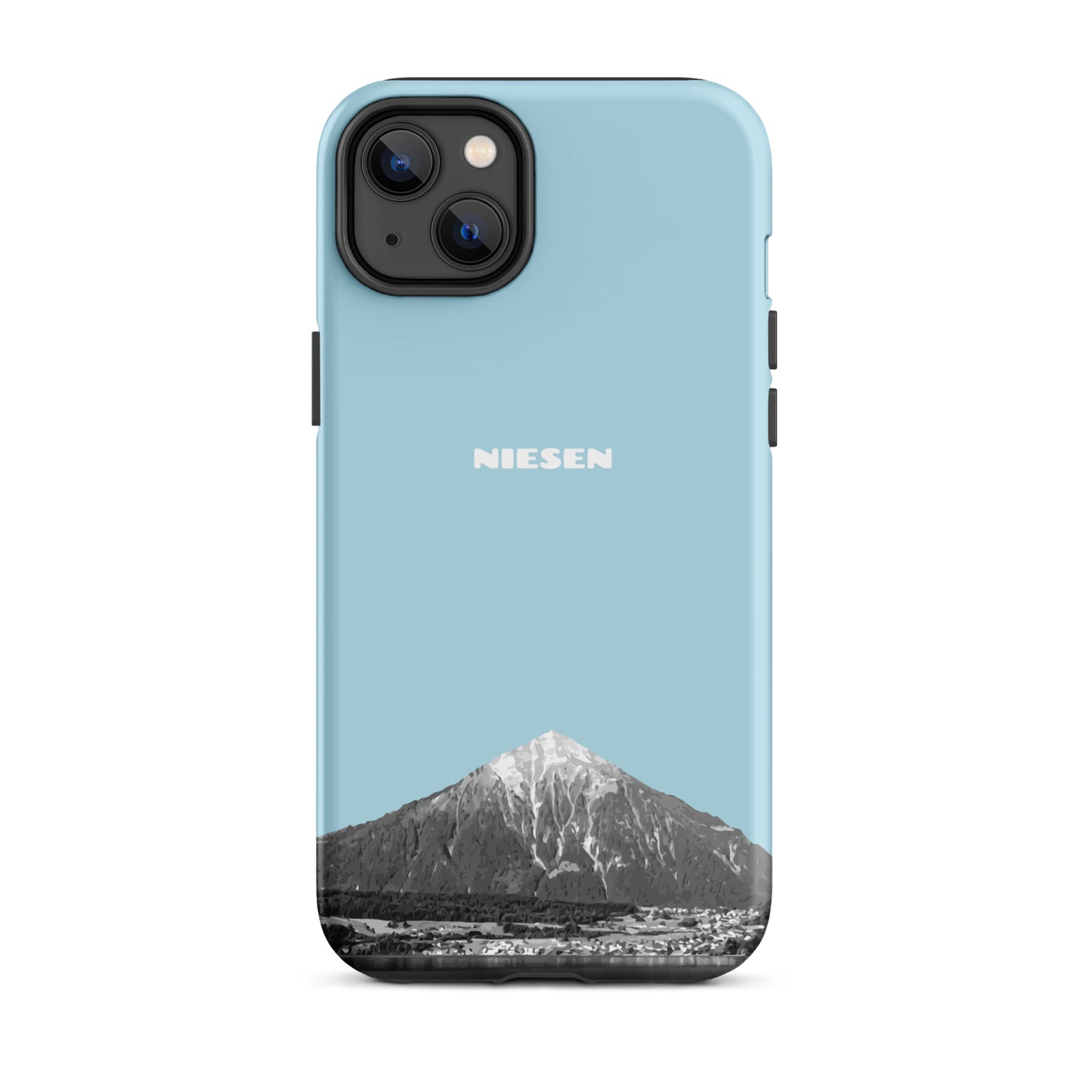 Matte Handyhülle für iPhone 14 Plus in Hellblau mit Niesen-Motiv aus dem Berner Oberland.