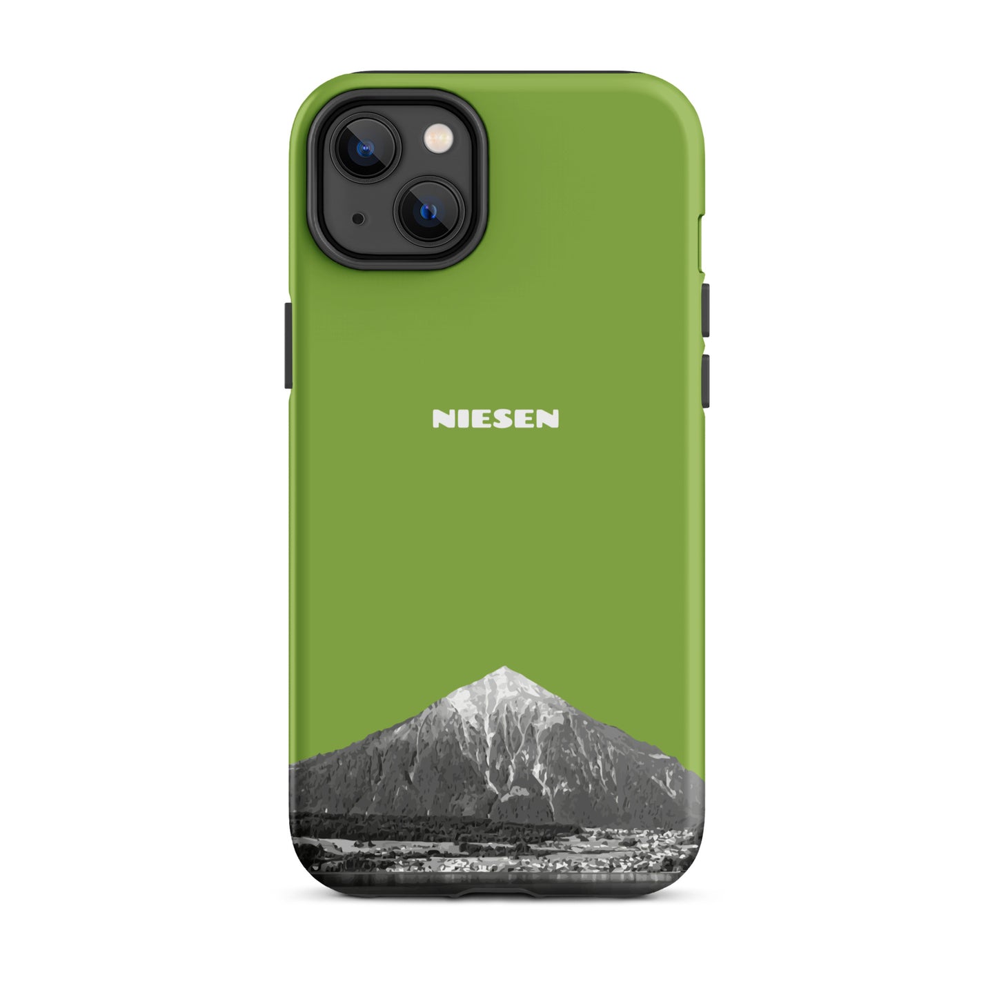 Gelbgrüne iPhone 14 Plus Handyhülle mit Niesen-Motiv aus dem Berner Oberland, matt.