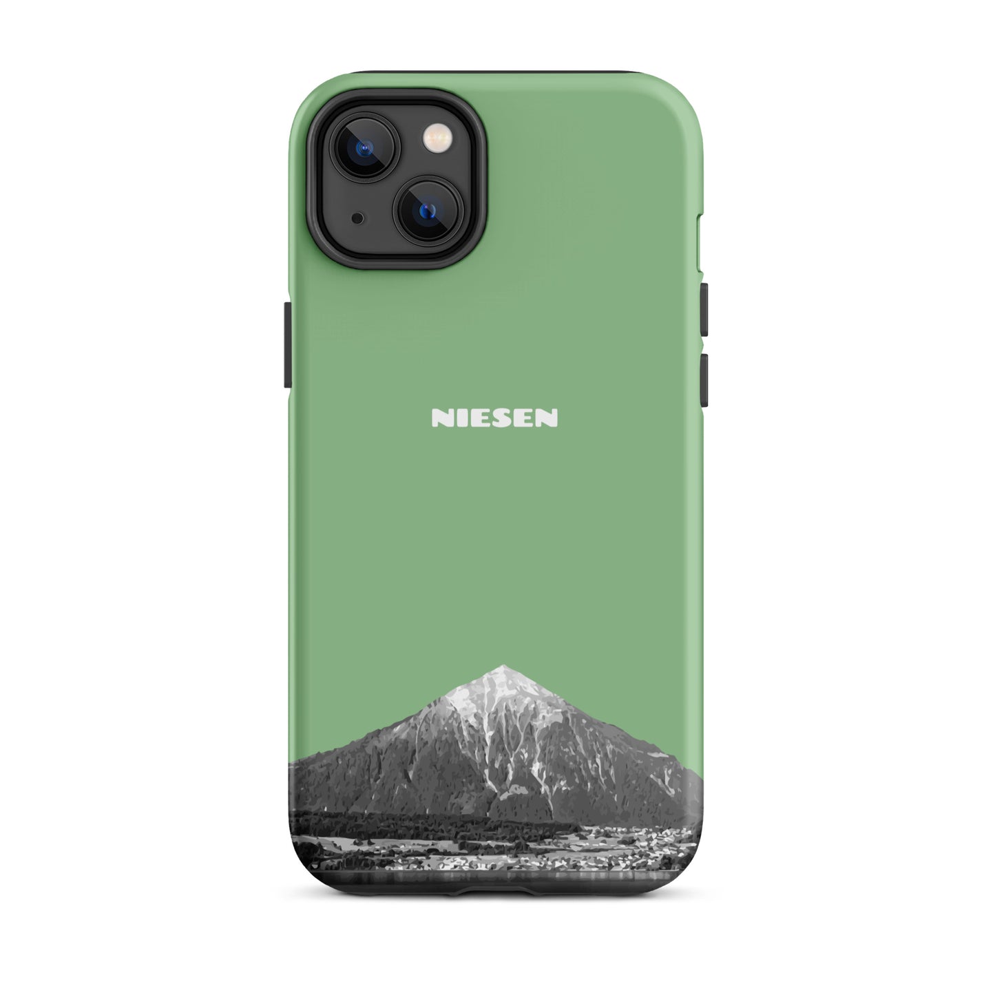 Matte Handyhülle für Apple iPhone 14 Plus in Hellgrün mit Niesen-Motiv am Thunersee im Berner Oberland.