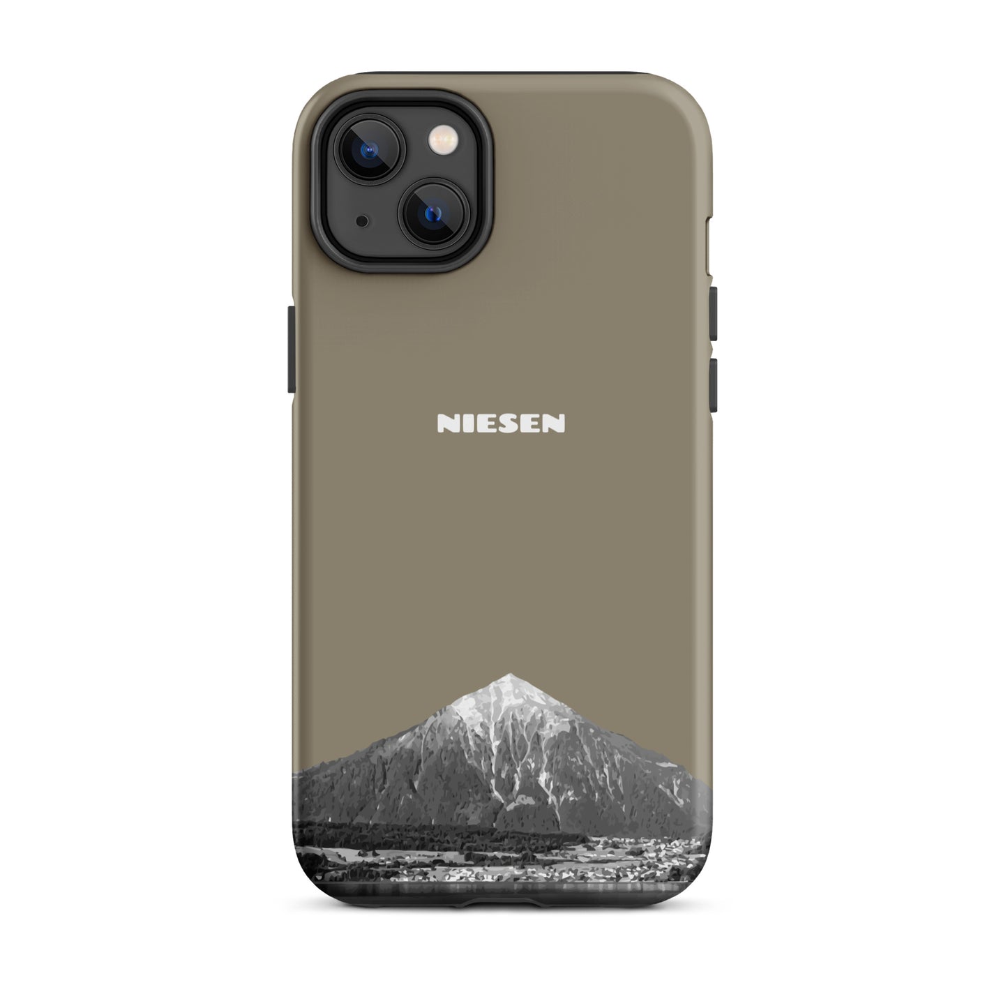 Graubraune iPhone 14 Plus Handyhülle mit Niesen-Motiv aus dem Berner Oberland.