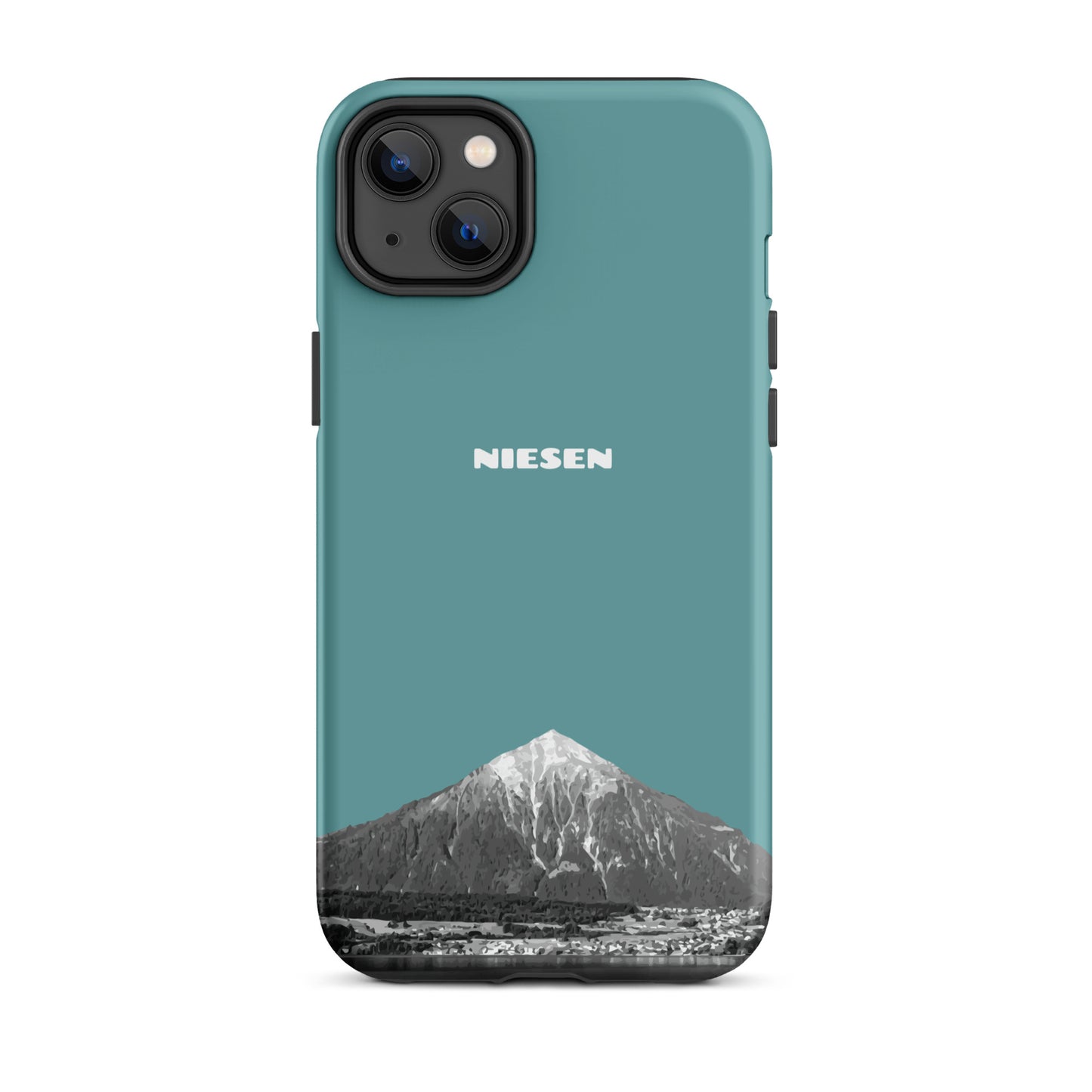Robuste iPhone 14 Plus Handyhülle in Kadettenblau mit Niesen-Motiv aus dem Berner Oberland.