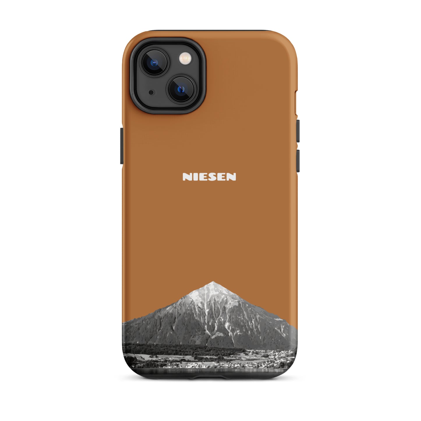 Matte iPhone 14 Plus Hülle in Kupfer mit Niesen-Motiv, Thunersee Panorama, stoßfest, schlankes Design
