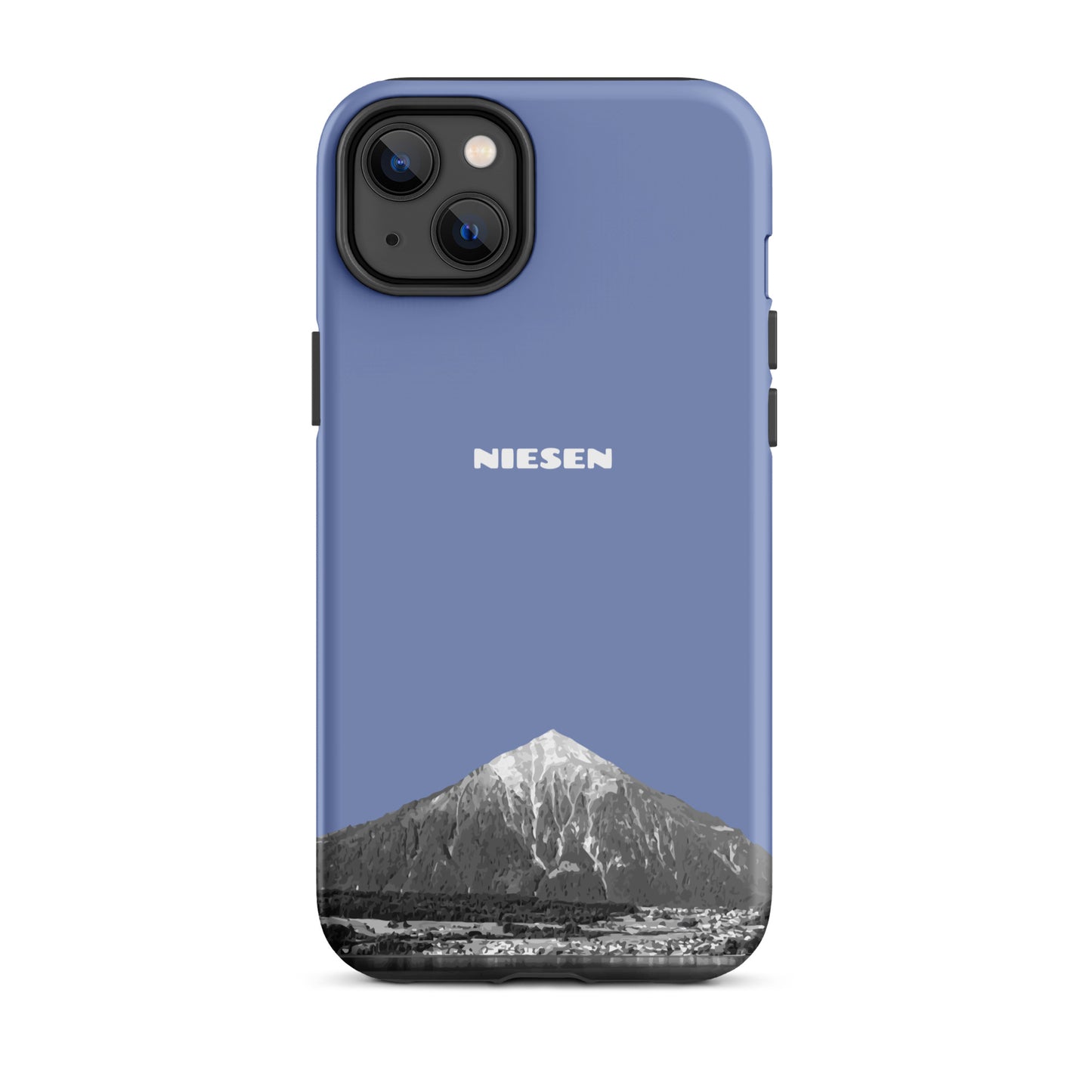Pastellblaue iPhone 14 Plus Handyhülle mit mattem Finish und Niesen-Motiv aus dem Berner Oberland.