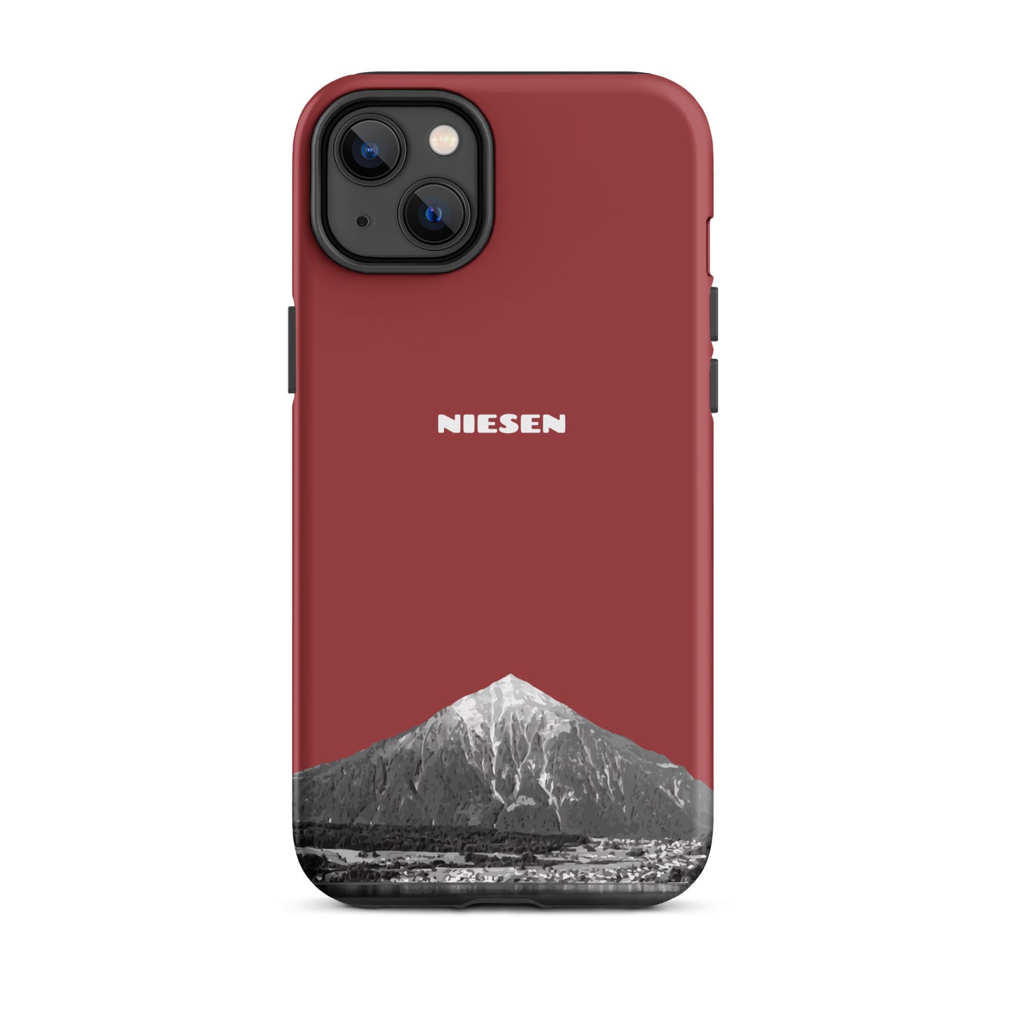 Rote iPhone 14 Plus Handyhülle mit mattem Finish und Niesen-Motiv aus dem Berner Oberland.