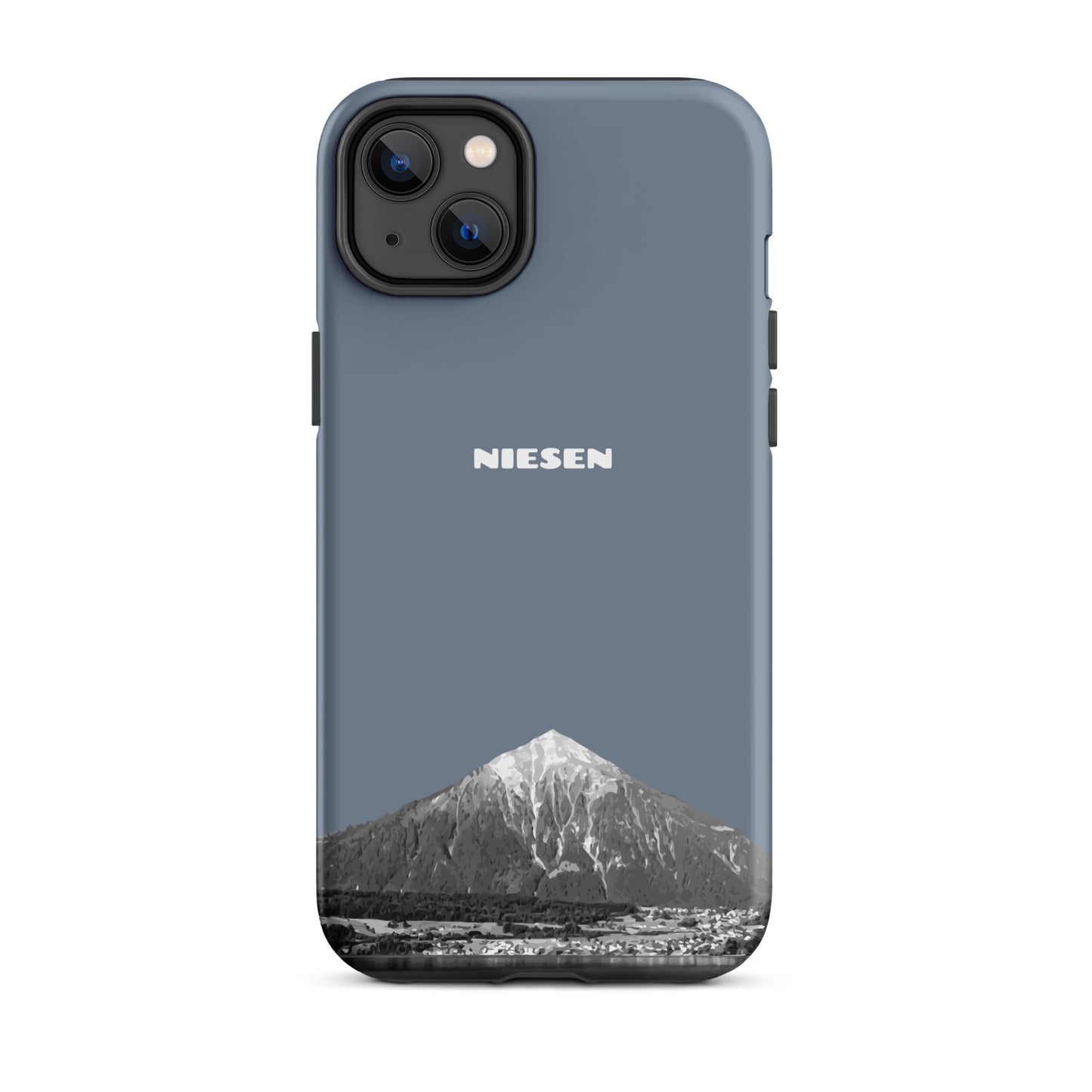 Handyhülle für iPhone 14 Plus in Schiefergrau mit Niesen-Motiv, matt, robust, passgenau.