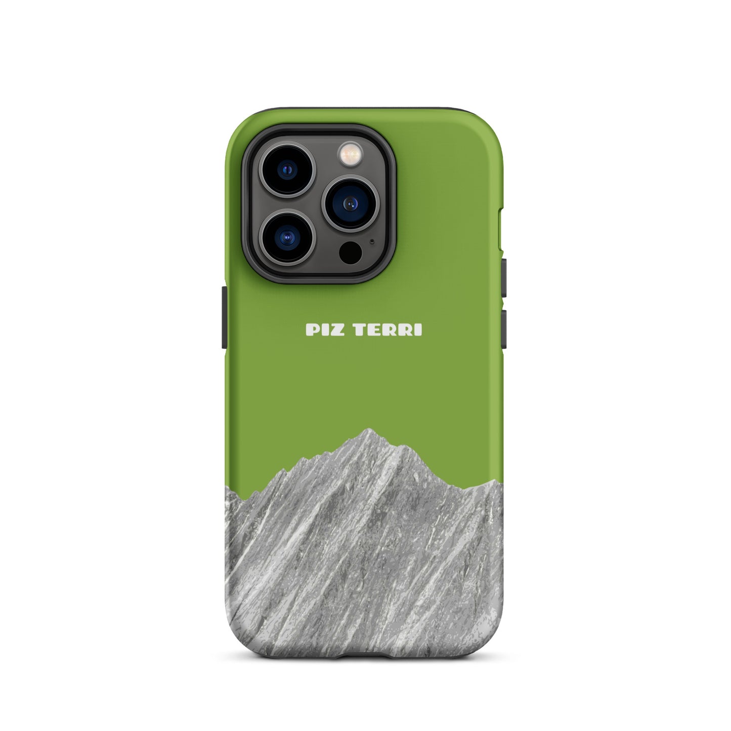 Gelbgrüne iPhone-Hülle mit Piz Terri Motiv, robuste Silikonhülle für iPhone 14 Pro