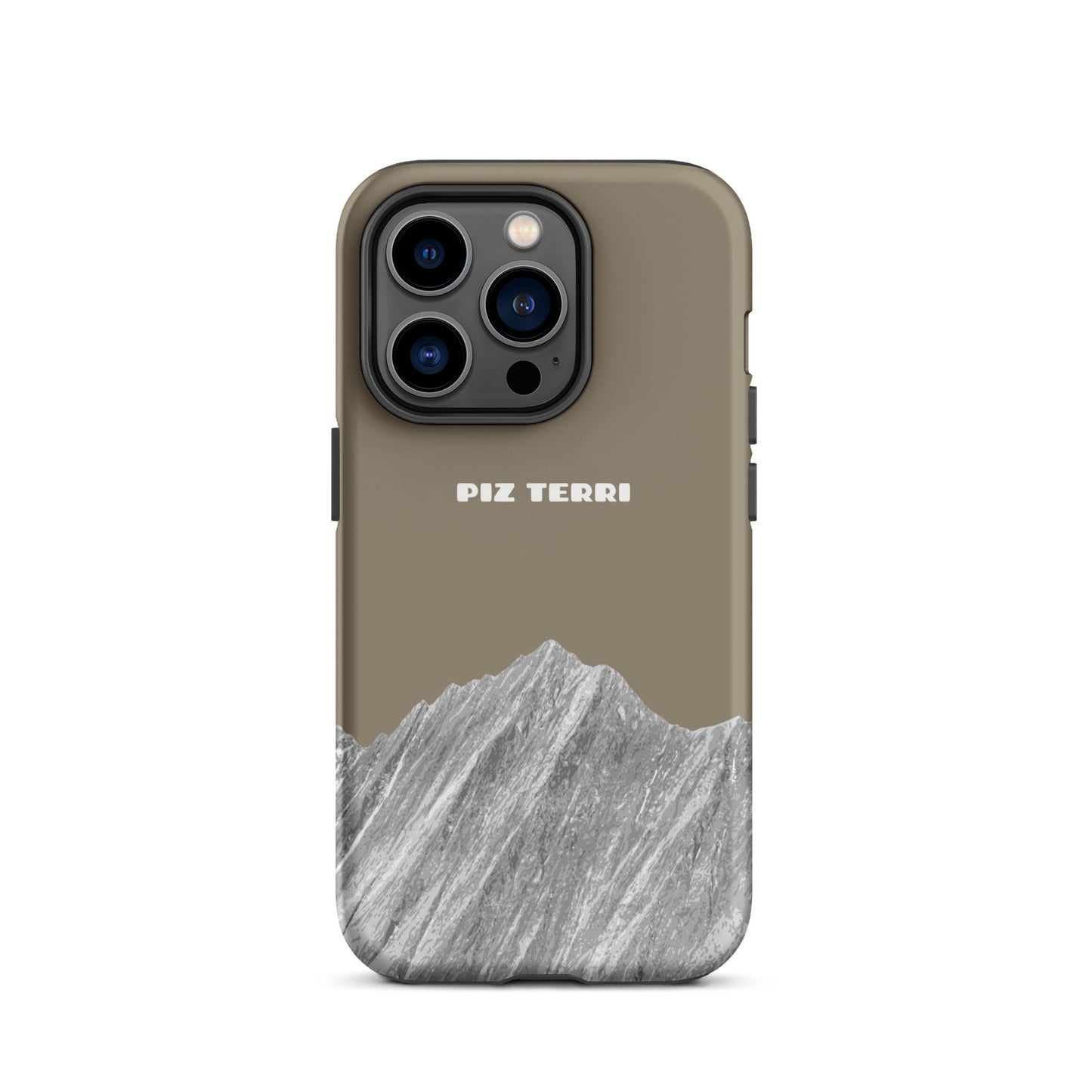 Matte Handyhülle für iPhone 14 Pro in Graubraun mit Piz Terri Motiv