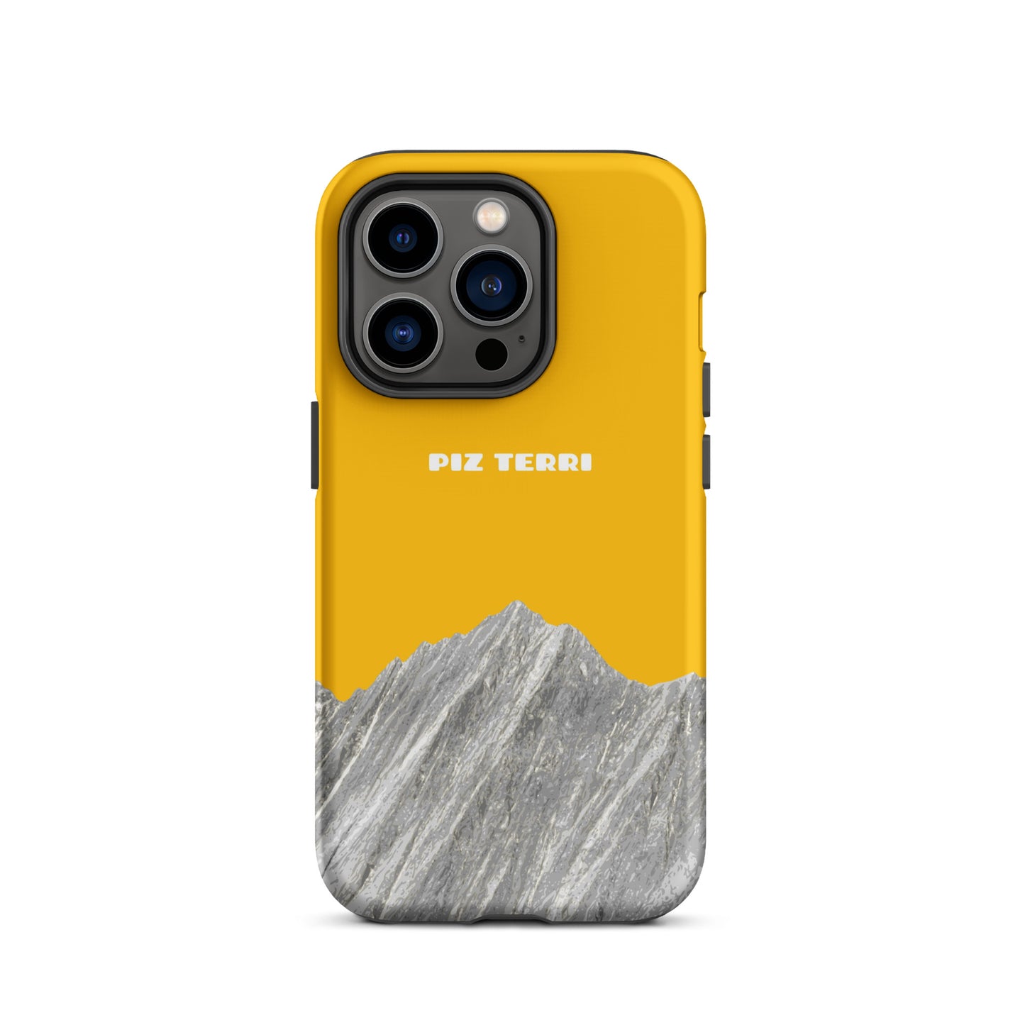 Goldgelbe iPhone Hülle mit Piz Terri Motiv, matte Oberfläche, für iPhone 14 Pro, Vorderansicht.