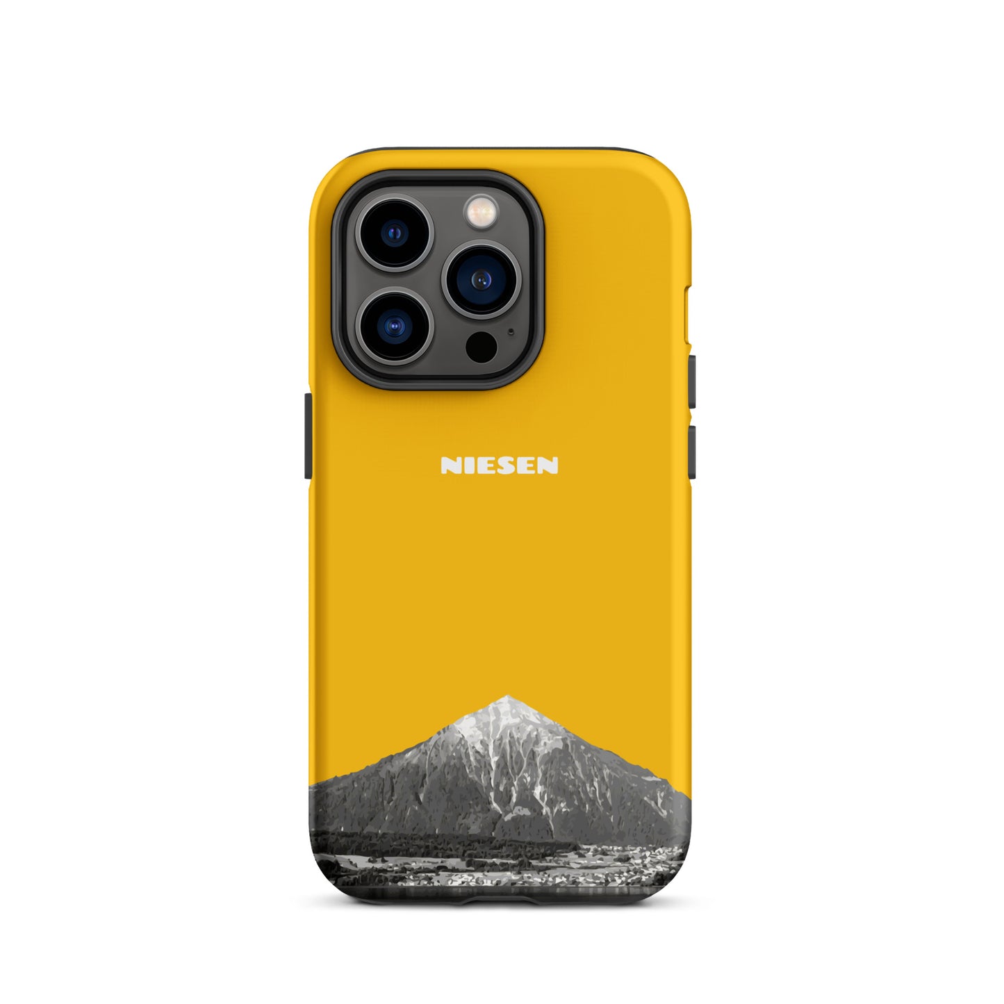 iPhone Case - Niesen - Goldgelb für Apple iPhone 14 Pro. Mit Abbildung des Niesens am Thunersee im Berner Oberland.