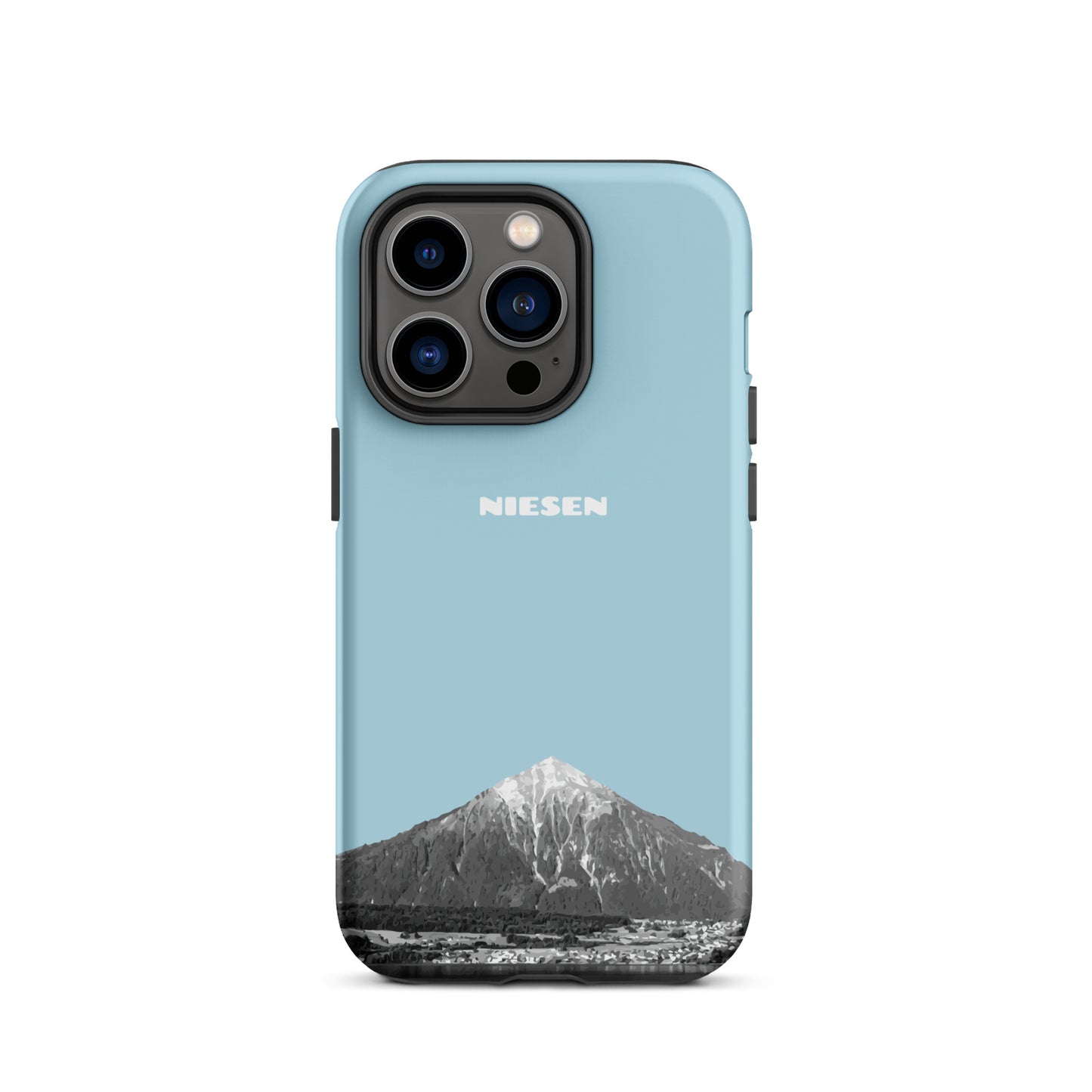Hellblaue iPhone 14 Pro Handyhülle mit Niesen-Motiv, matt und robust für optimalen Schutz.