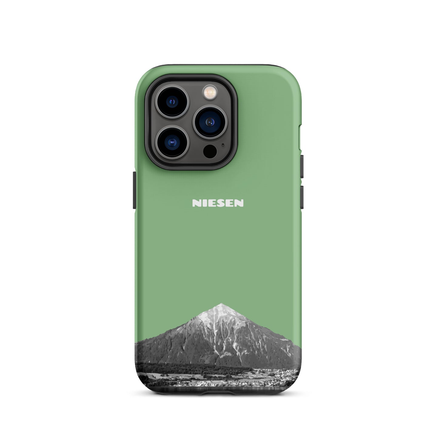 Matte iPhone 14 Pro Handyhülle in Hellgrün mit Niesen-Motiv aus dem Berner Oberland.