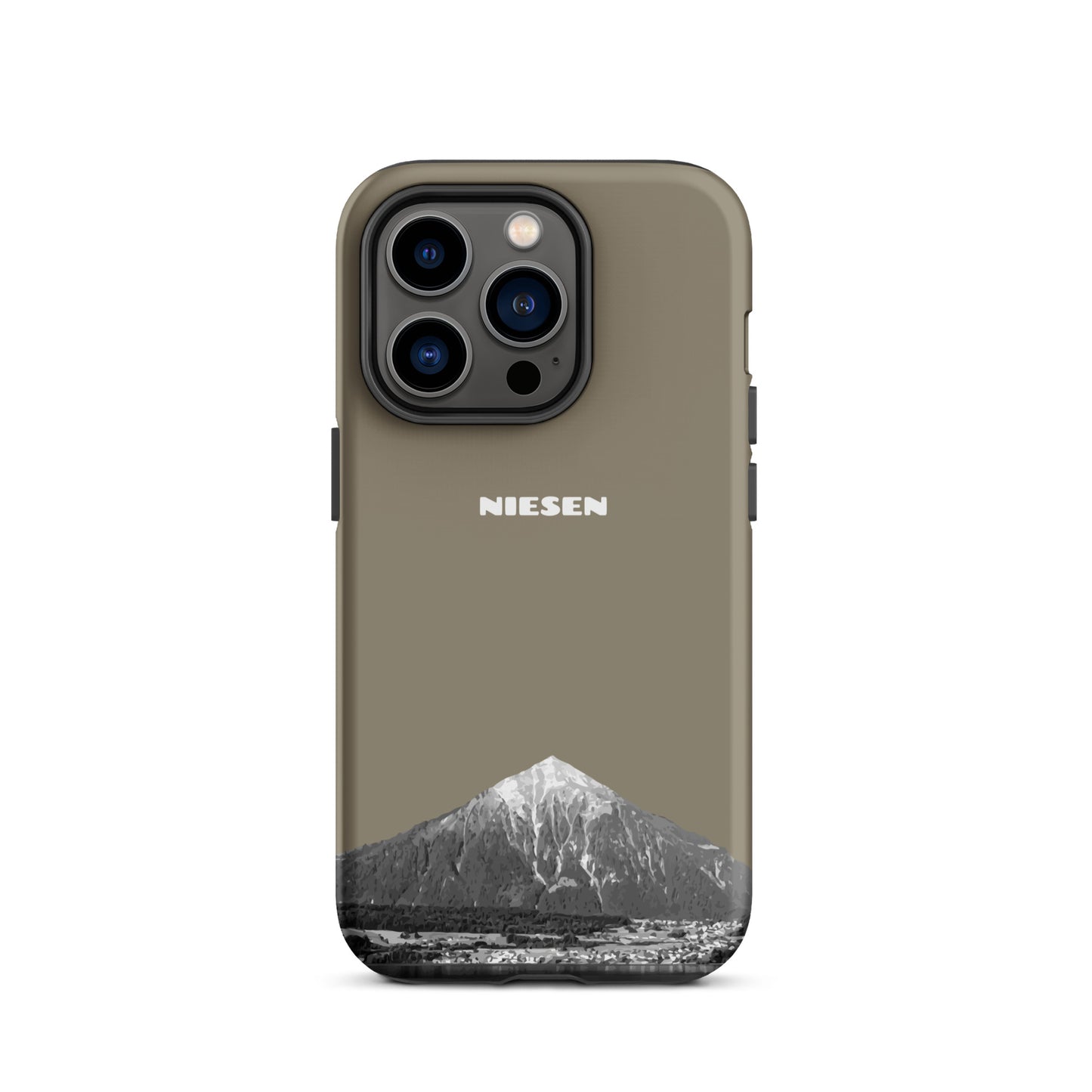 Graubraune iPhone 14 Pro Handyhülle mit matte Oberfläche und Niesen-Motiv am Thunersee im Berner Oberland