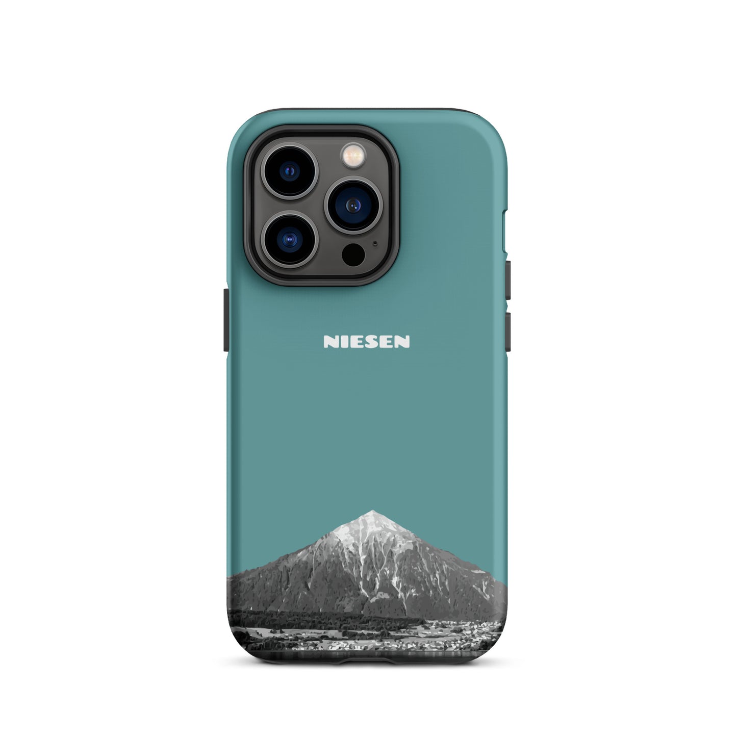 Matte iPhone 14 Pro Handyhülle in Kadettenblau mit Niesen-Motiv aus dem Berner Oberland.