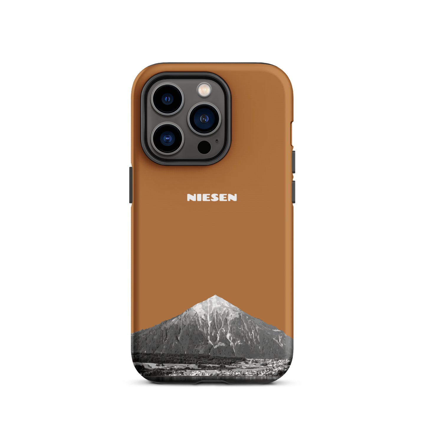 Kupferfarbene iPhone 14 Pro Handyhülle mit Niesen-Motiv aus dem Berner Oberland.