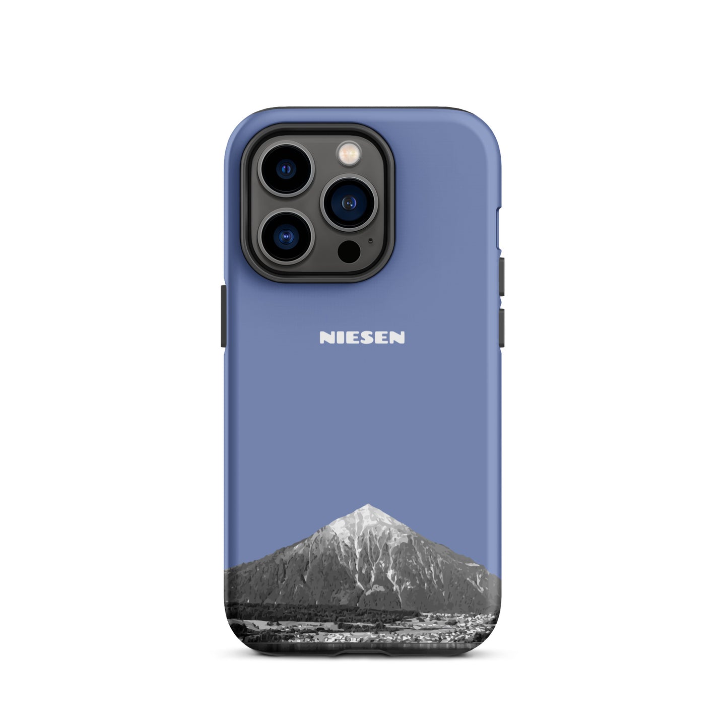 Pastellblaue iPhone 14 Pro Handyhülle mit Niesen-Motiv, Thunersee, Berner Oberland, matt.