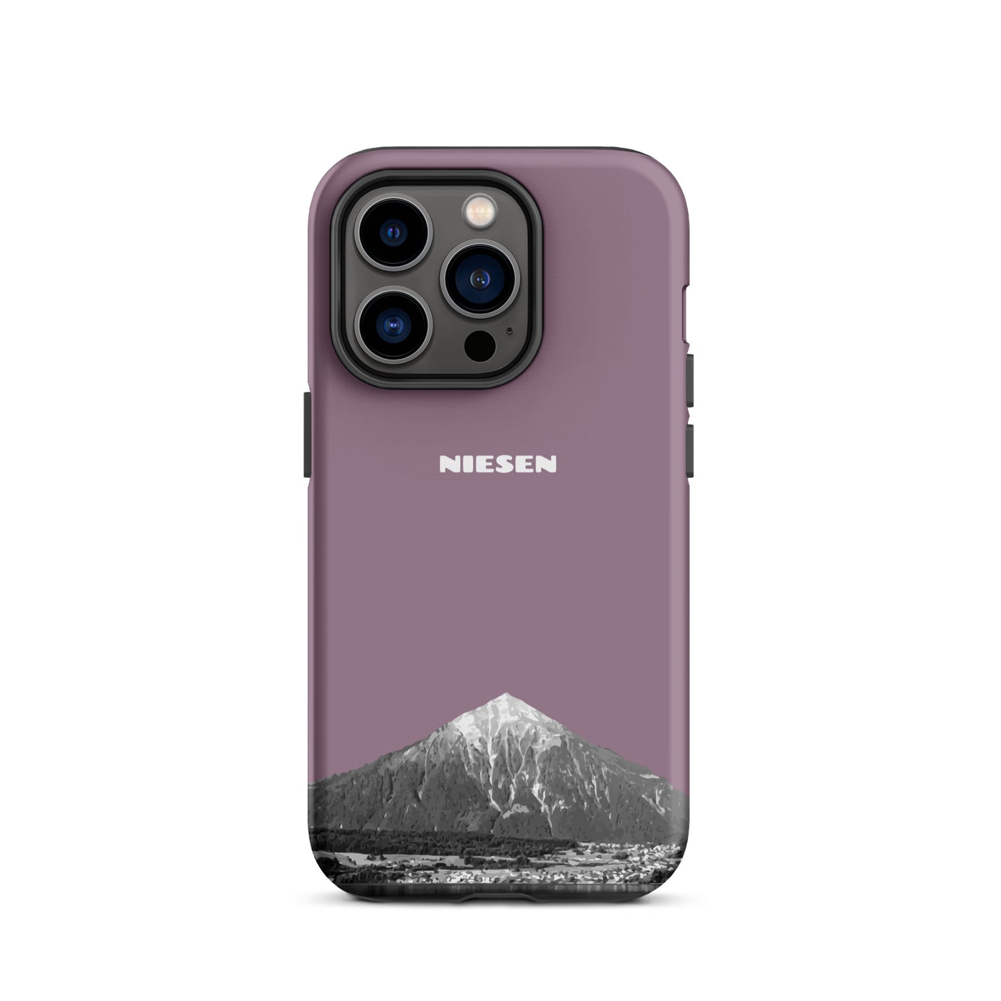 Matte Handyhülle für iPhone 14 Pro in Pastellviolett mit Niesen-Motiv am Thunersee.