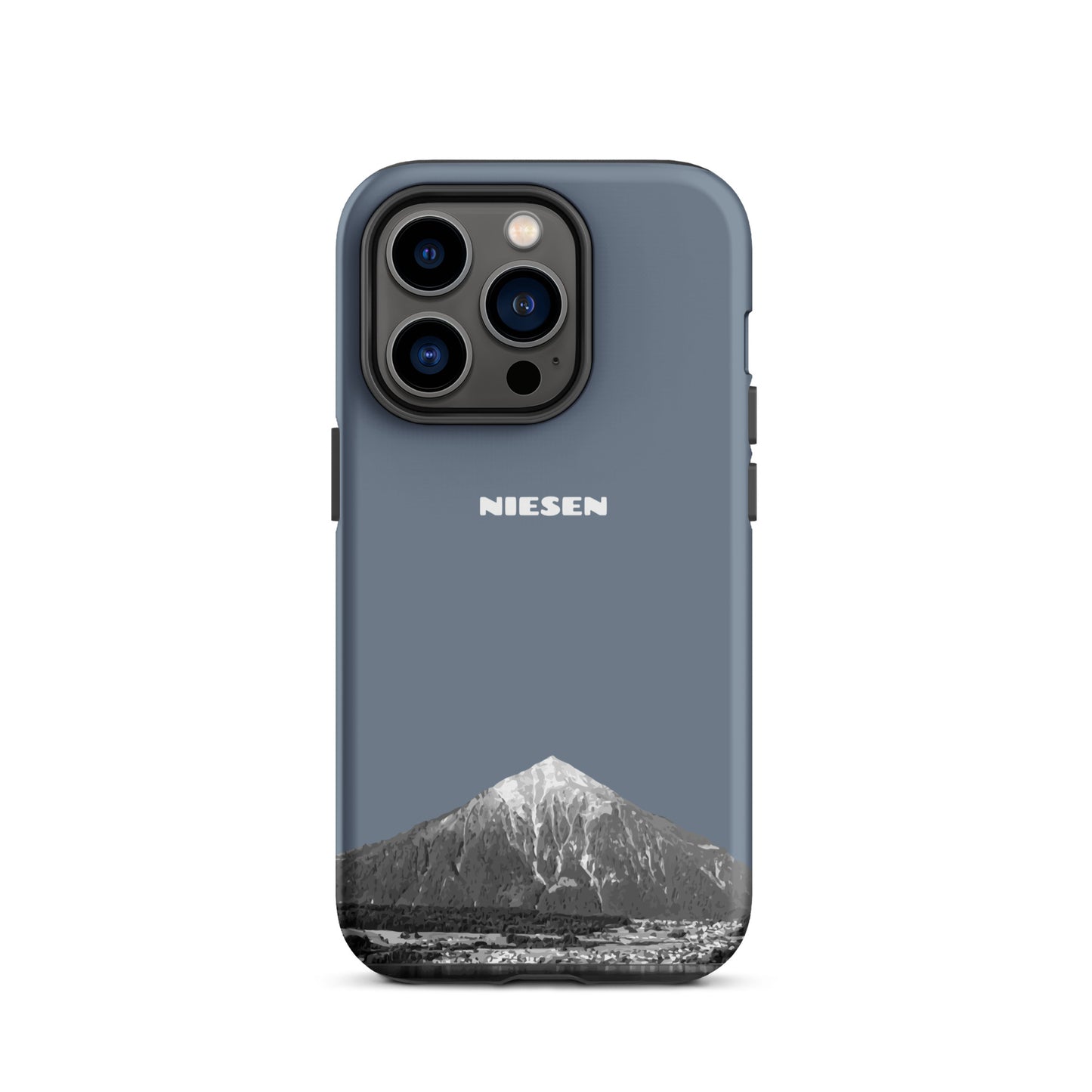 Stoßfeste iPhone 14 Pro Handyhülle in Schiefergrau mit Niesen-Motiv aus dem Berner Oberland