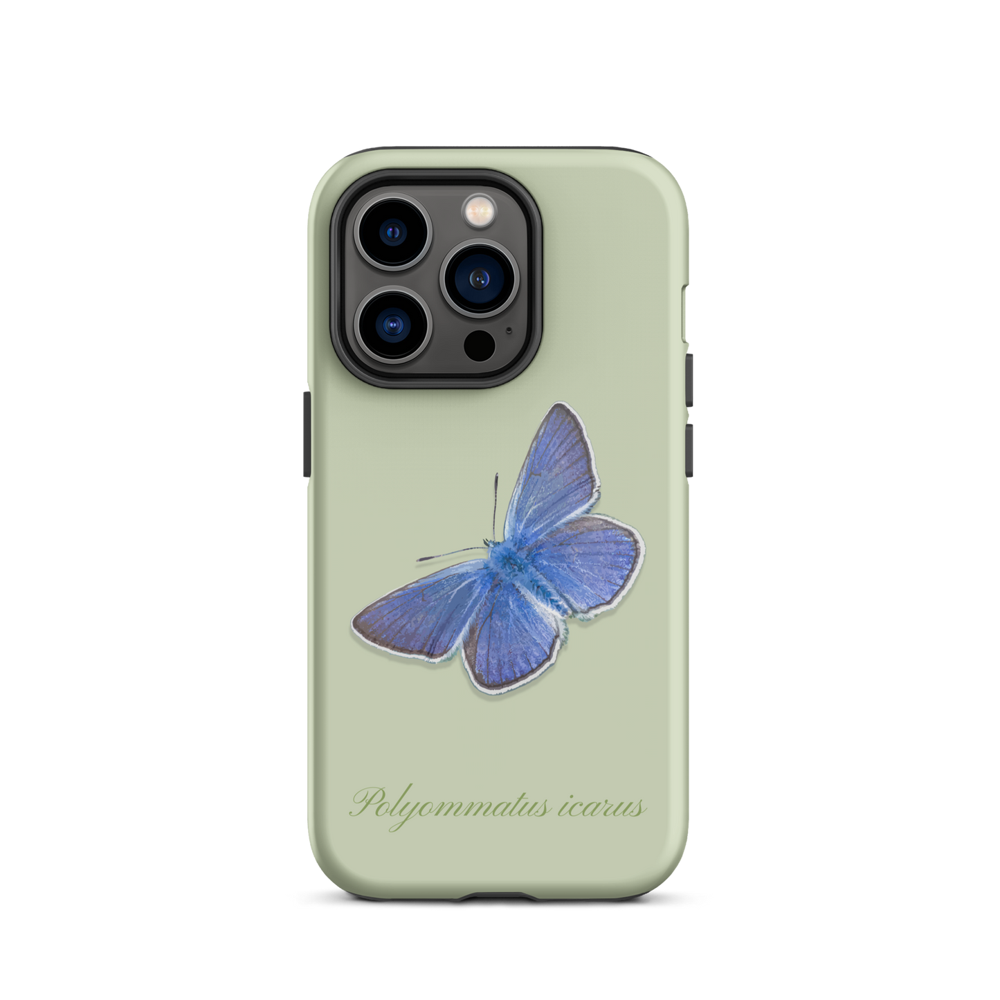 Matte Handyhülle für iPhone 14 Pro in Hellgrün, Bläuling Design, Vorderansicht.