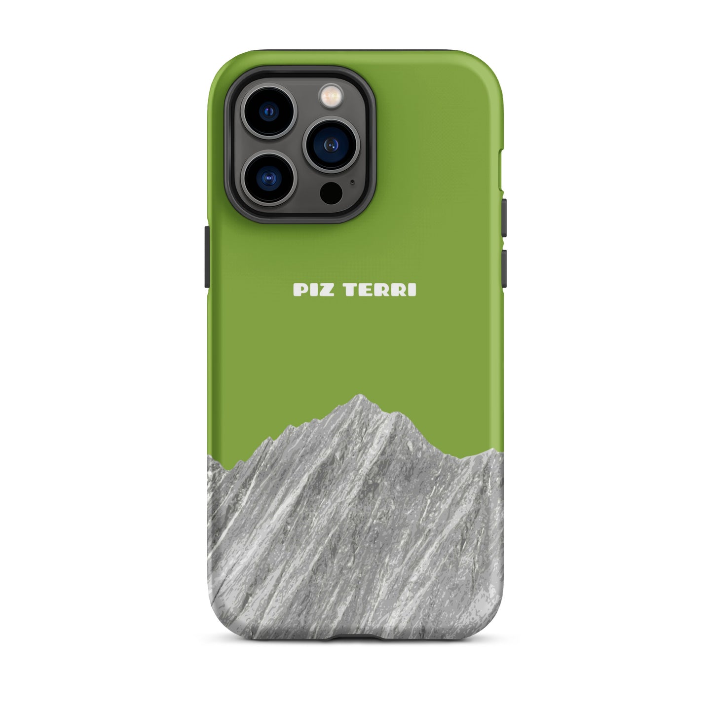 Gelbgrüne Handyhülle für iPhone mit Piz Terri Motiv in matter Oberfläche