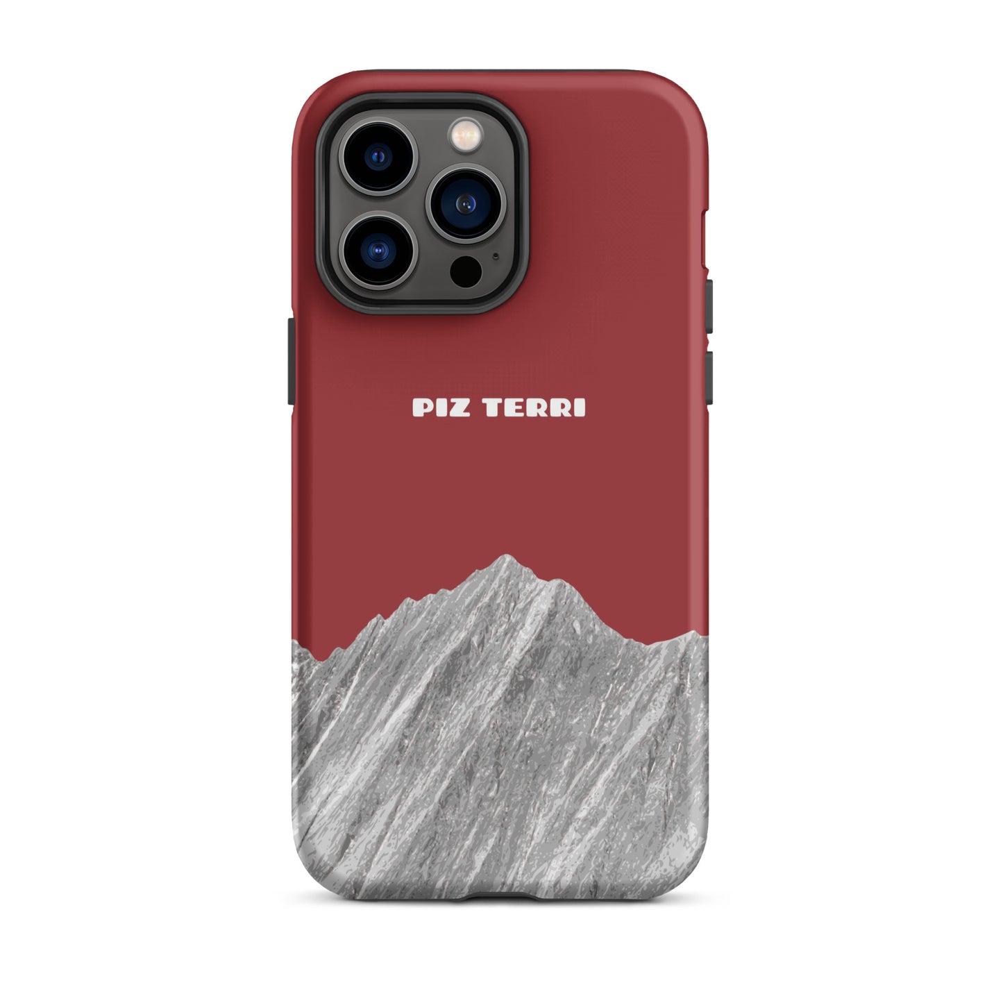 Robuste iPhone Hülle in Rot mit Piz Terri Motiv, matte Oberfläche, für iPhone 14 Pro Max.