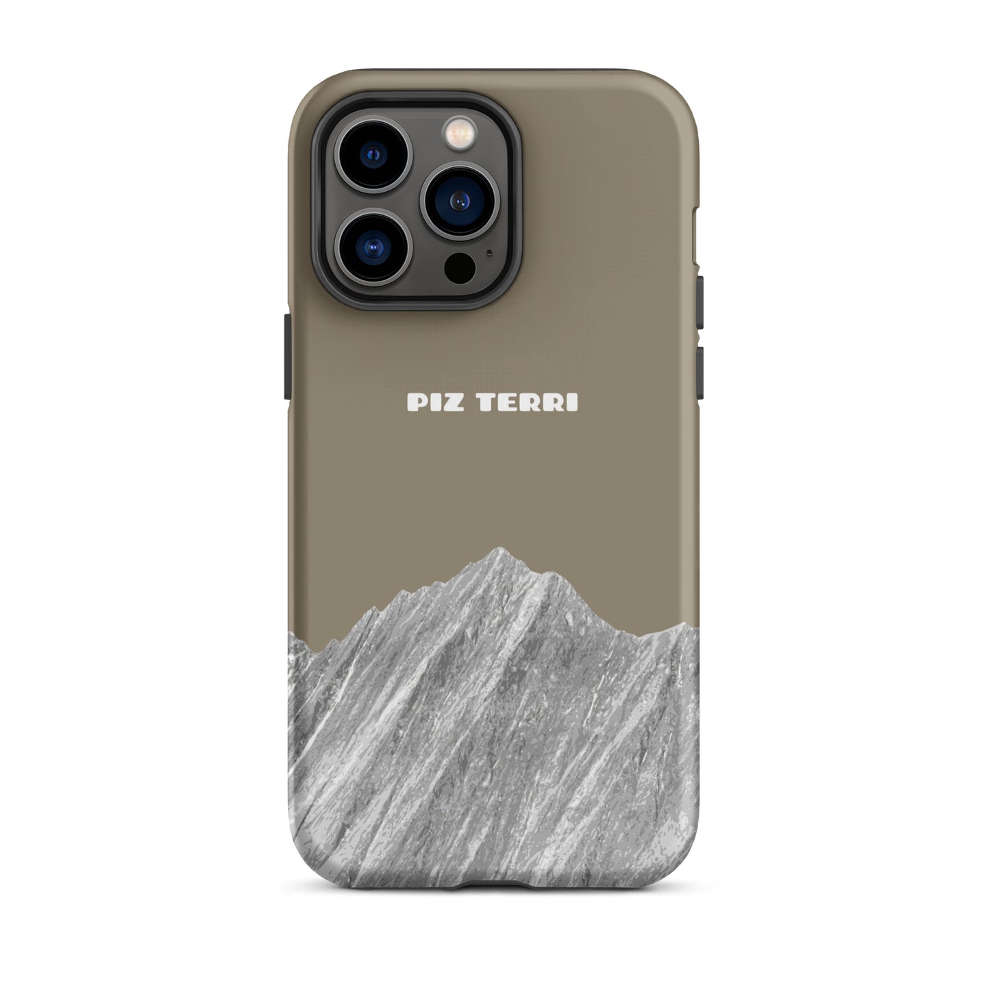 Graubraune iPhone Hülle mit Piz Terri Motiv aus robustem Material