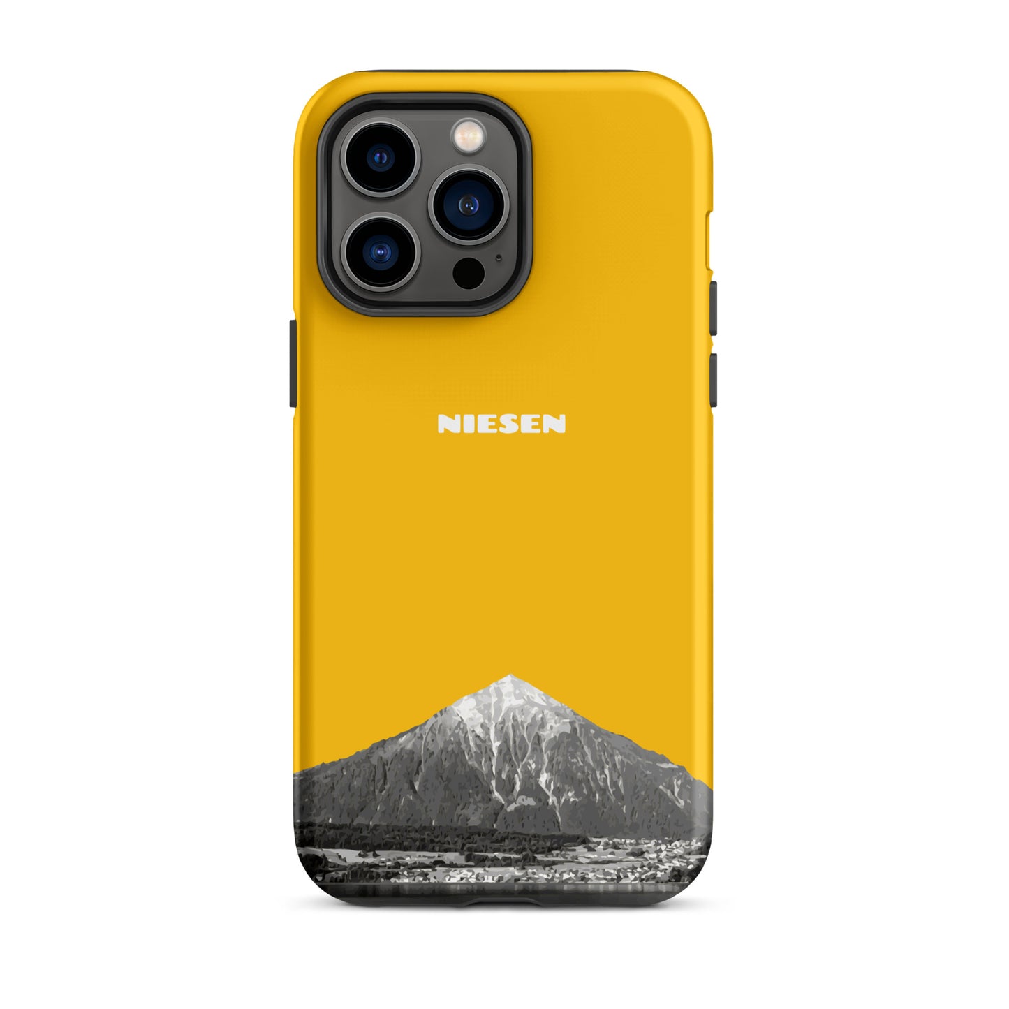 Goldgelbe iPhone 14 Pro Max Handyhülle mit Niesen-Motiv aus dem Berner Oberland