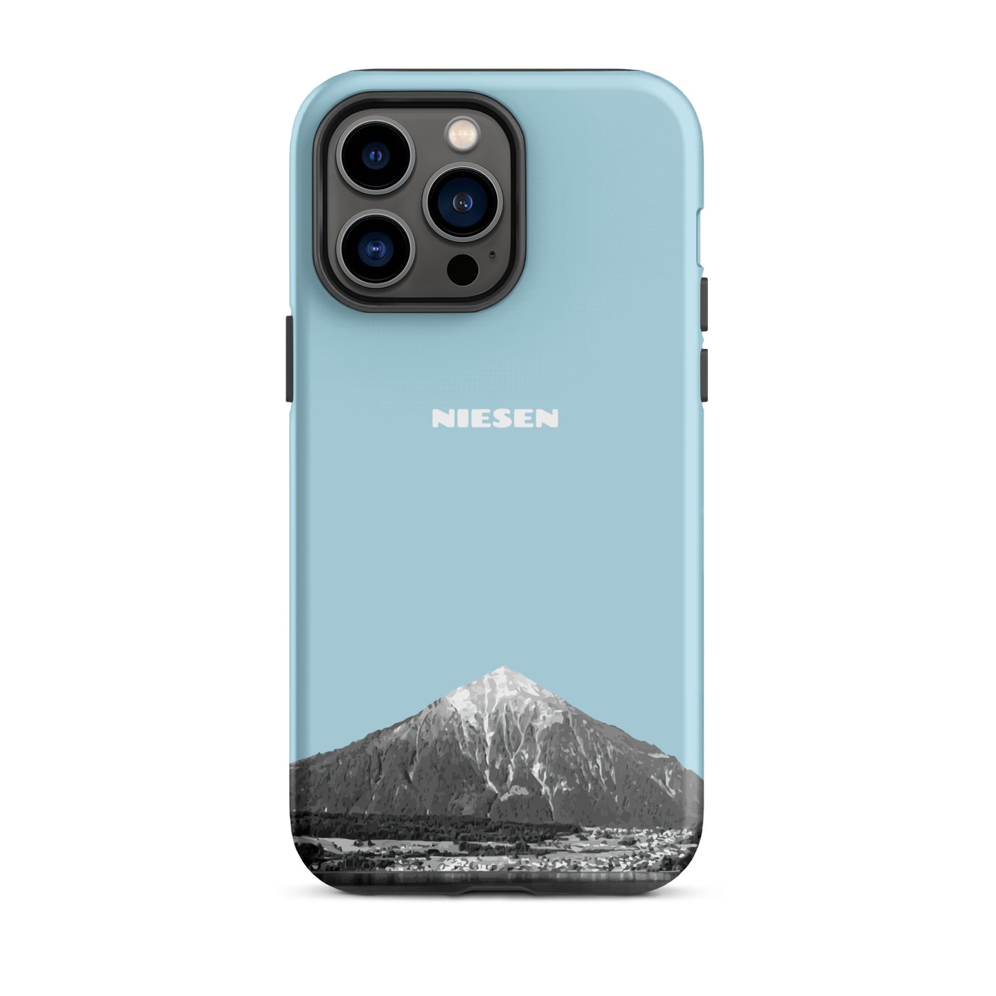 Matte Handyhülle für iPhone 14 Pro Max in Hellblau mit Niesen-Motiv aus dem Berner Oberland.