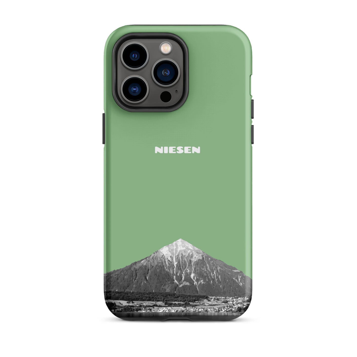 Robuste Handyhülle für iPhone 14 Pro Max in Hellgrün mit matte Oberfläche und Motiv des Niesen am Thunersee