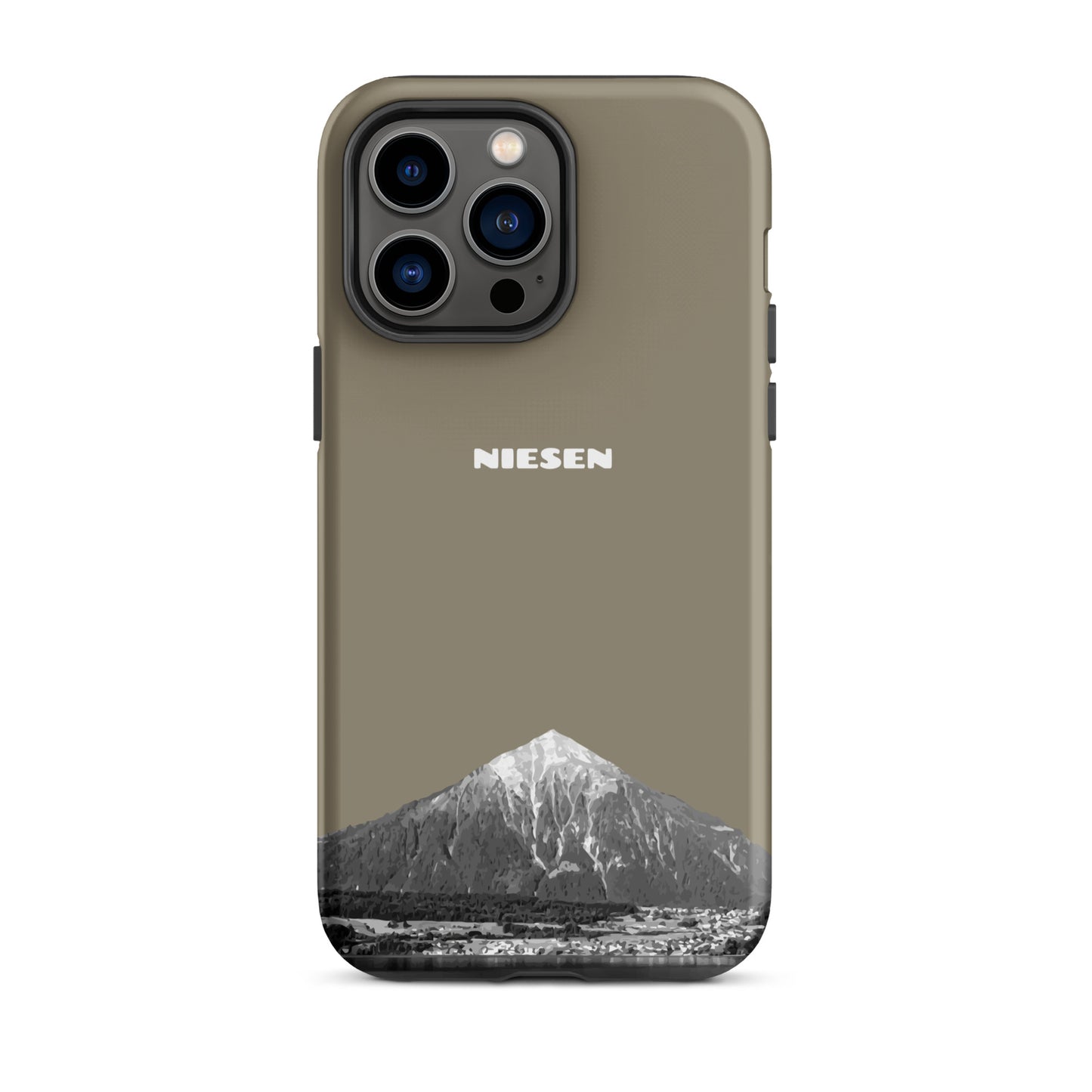 Graubraune iPhone 14 Pro Max Hülle mit mattem Finish und Niesen-Motiv aus dem Berner Oberland.