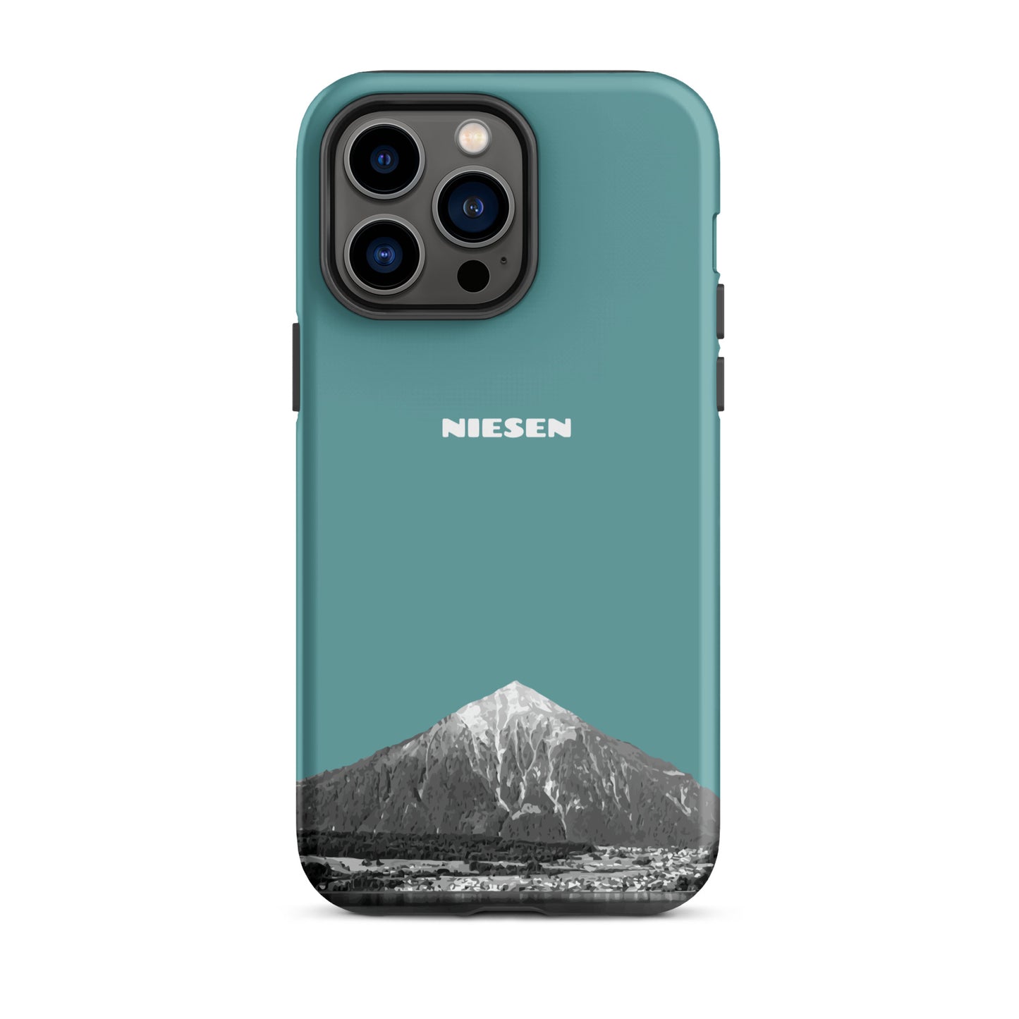 Matte iPhone 14 Pro Max Handyhülle in Kadettenblau mit Niesen-Motiv aus dem Berner Oberland.
