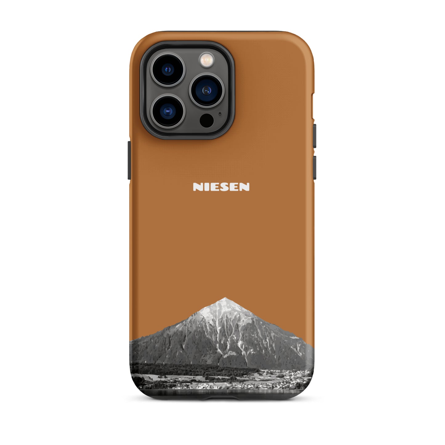 Kupferfarbene iPhone 14 Pro Max Hülle mit mattem Finish und Niesen-Motiv aus dem Berner Oberland.