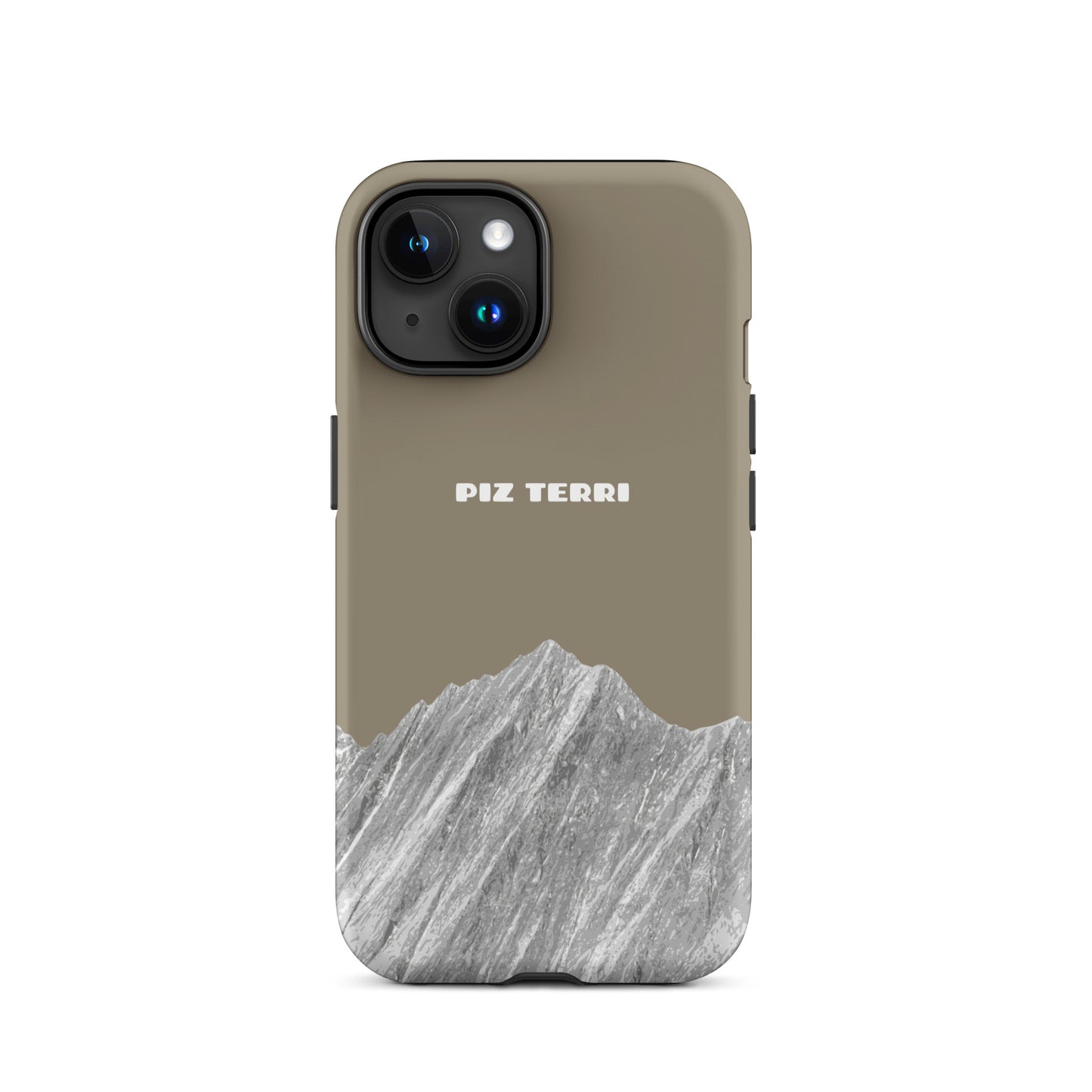 iPhone 15 Handyhülle in Graubraun mit matte Oberfläche, Piz Terri Design, Vorderansicht