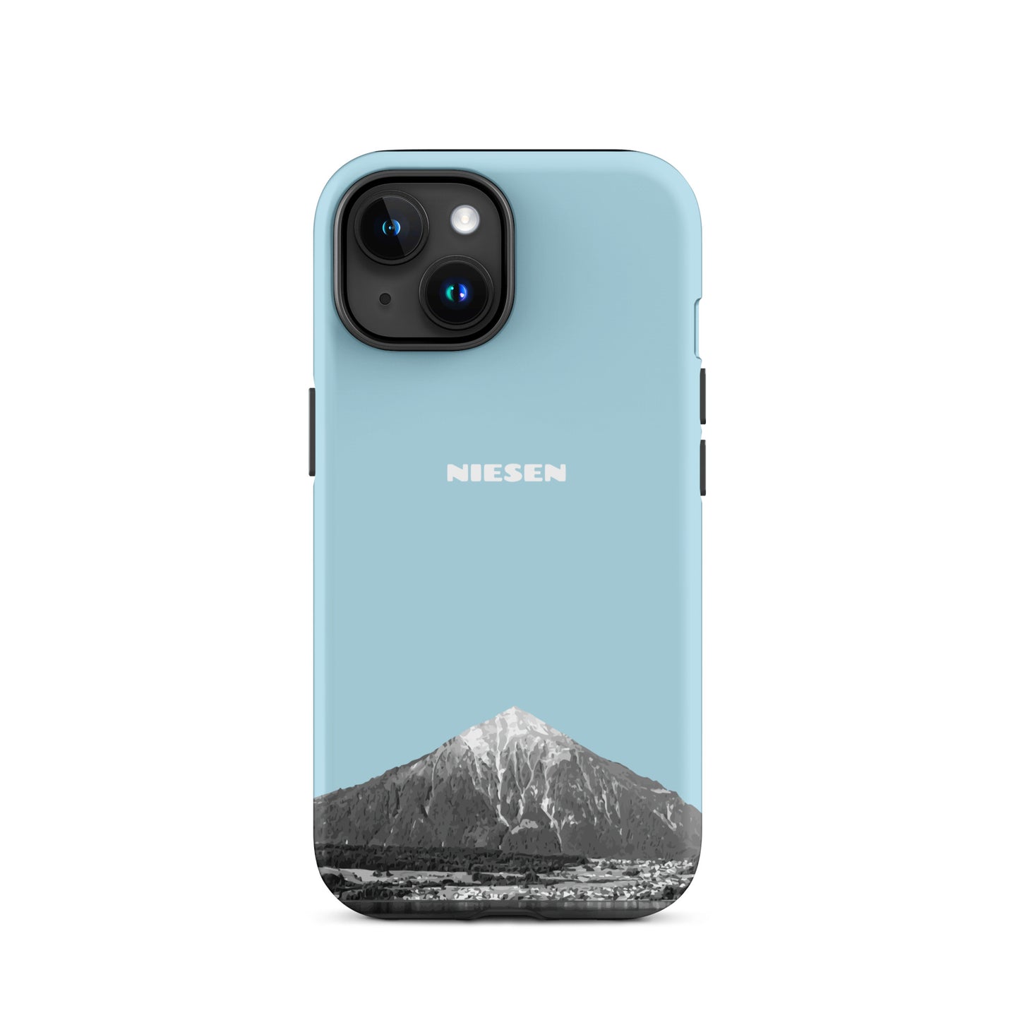 Matte Handyhülle für iPhone 15 mit Niesen-Motiv in Hellblau, stoßfest und mit präzisen Ausschnitten.