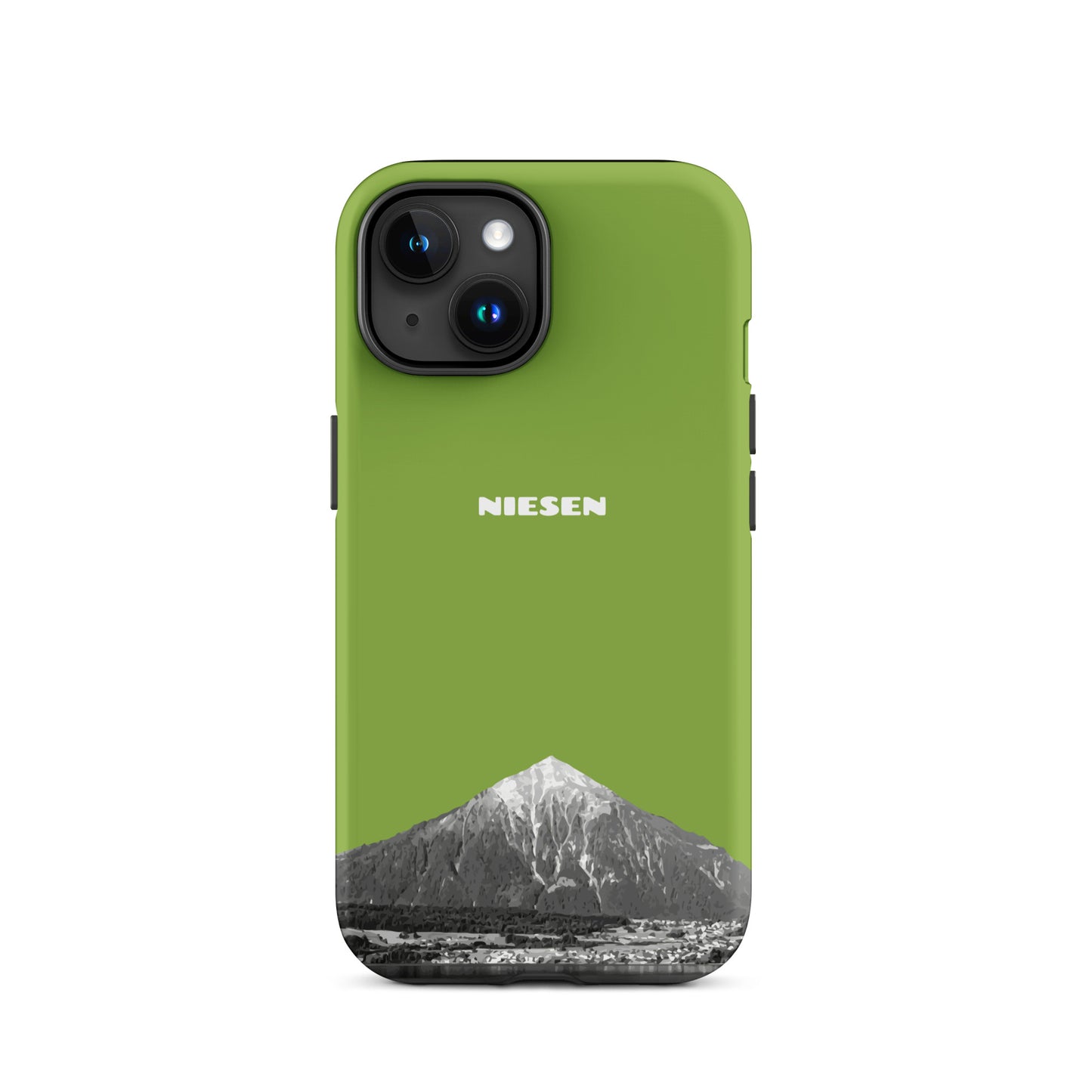 Gelbgrüne iPhone 15 Handyhülle mit Niesen-Motiv, Matt-Optik, stoßfest, Berner Oberland Design
