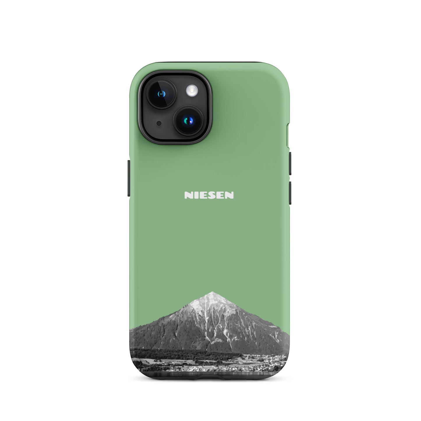 Matte Handyhülle für iPhone 15 in Hellgrün mit Niesen-Motiv aus dem Berner Oberland.