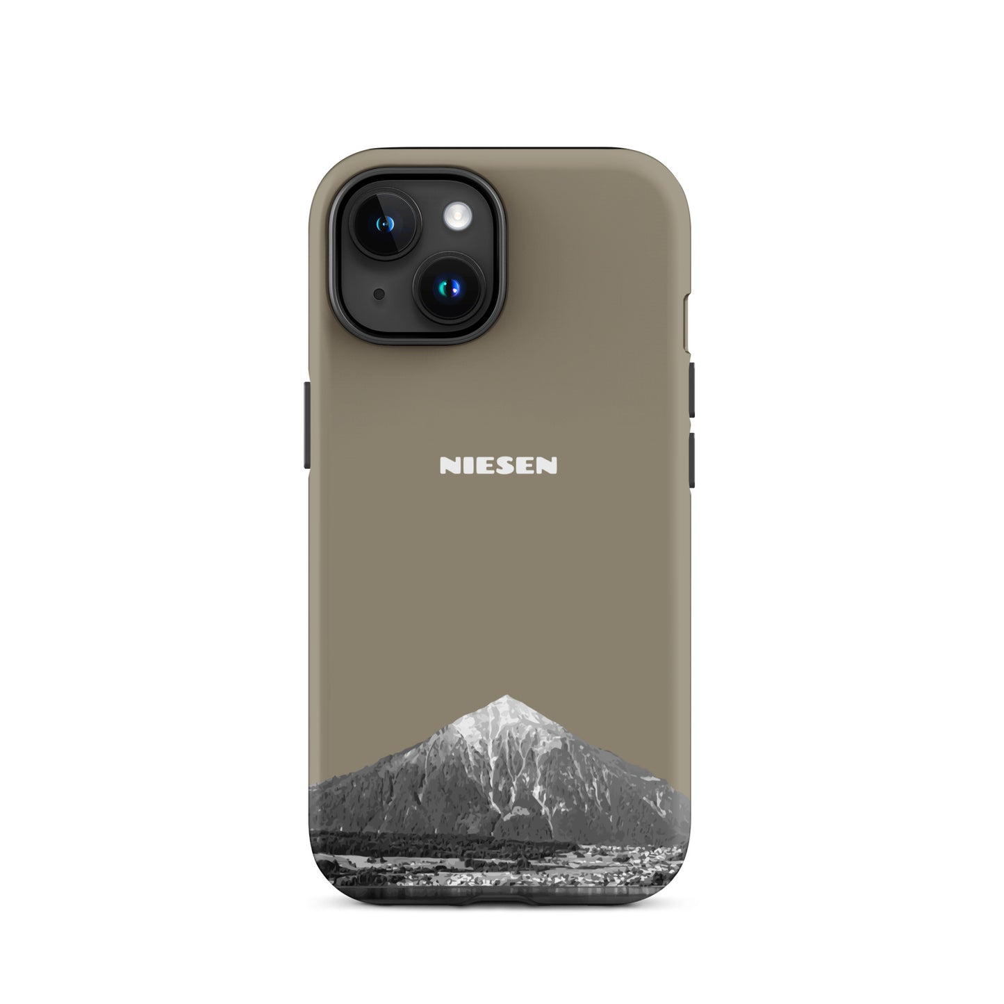 Graubraune iPhone 15 Hülle mit Niesen-Motiv, matt, stoßfest, präzise Aussparungen, Berner Oberland Design.