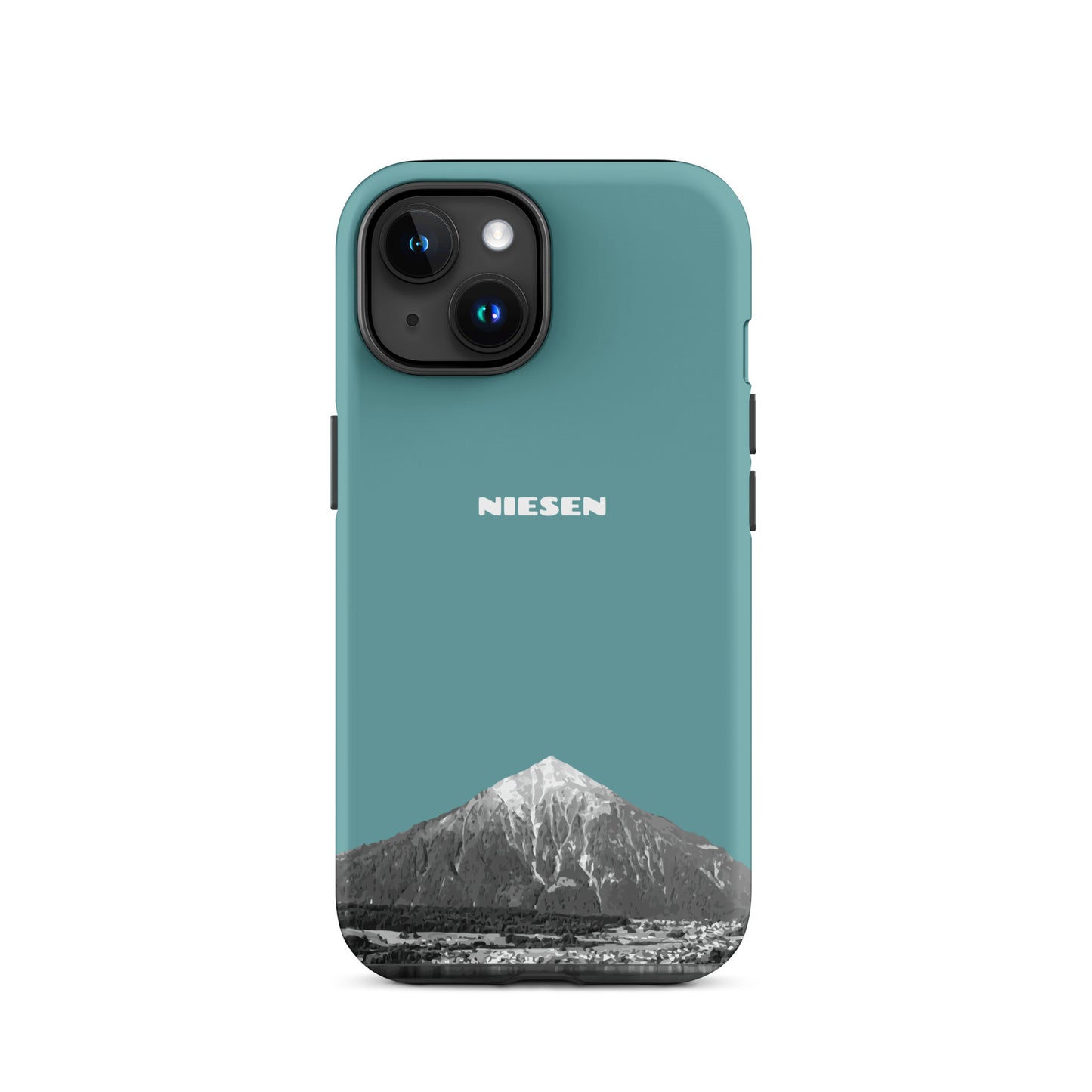 Kadettenblaue iPhone 15 Hülle mit matte Oberfläche und Niesen-Motiv aus dem Berner Oberland.