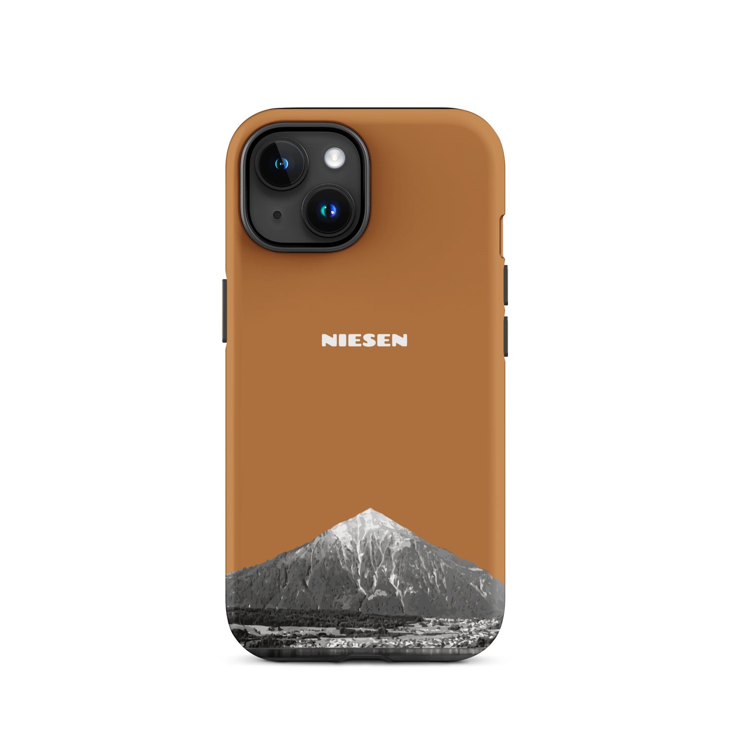 Kupferfarbene iPhone 15 Hülle mit mattem Finish und Niesen-Motiv aus dem Berner Oberland.