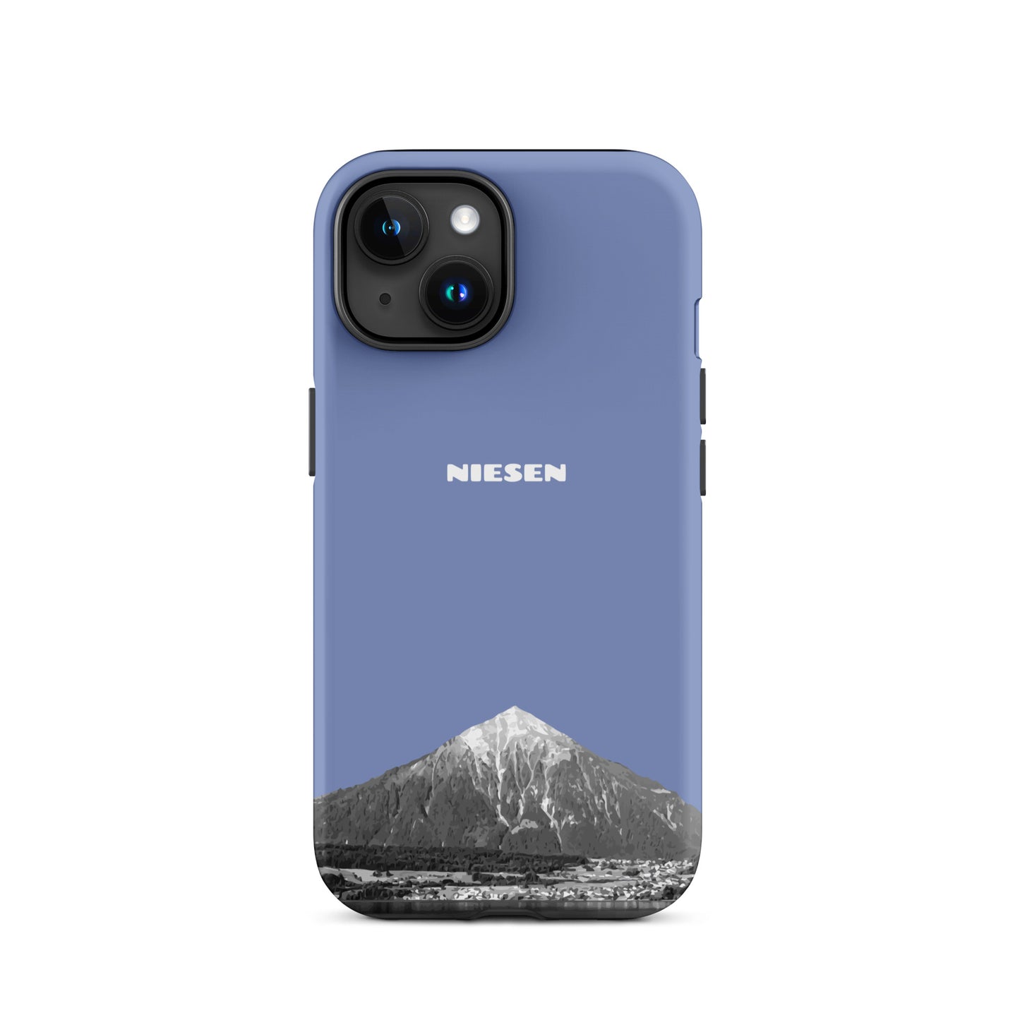 iPhone Case - Niesen - Pastellblau für Apple iPhone 15. Mit Abbildung des Niesens am Thunersee im Berner Oberland.