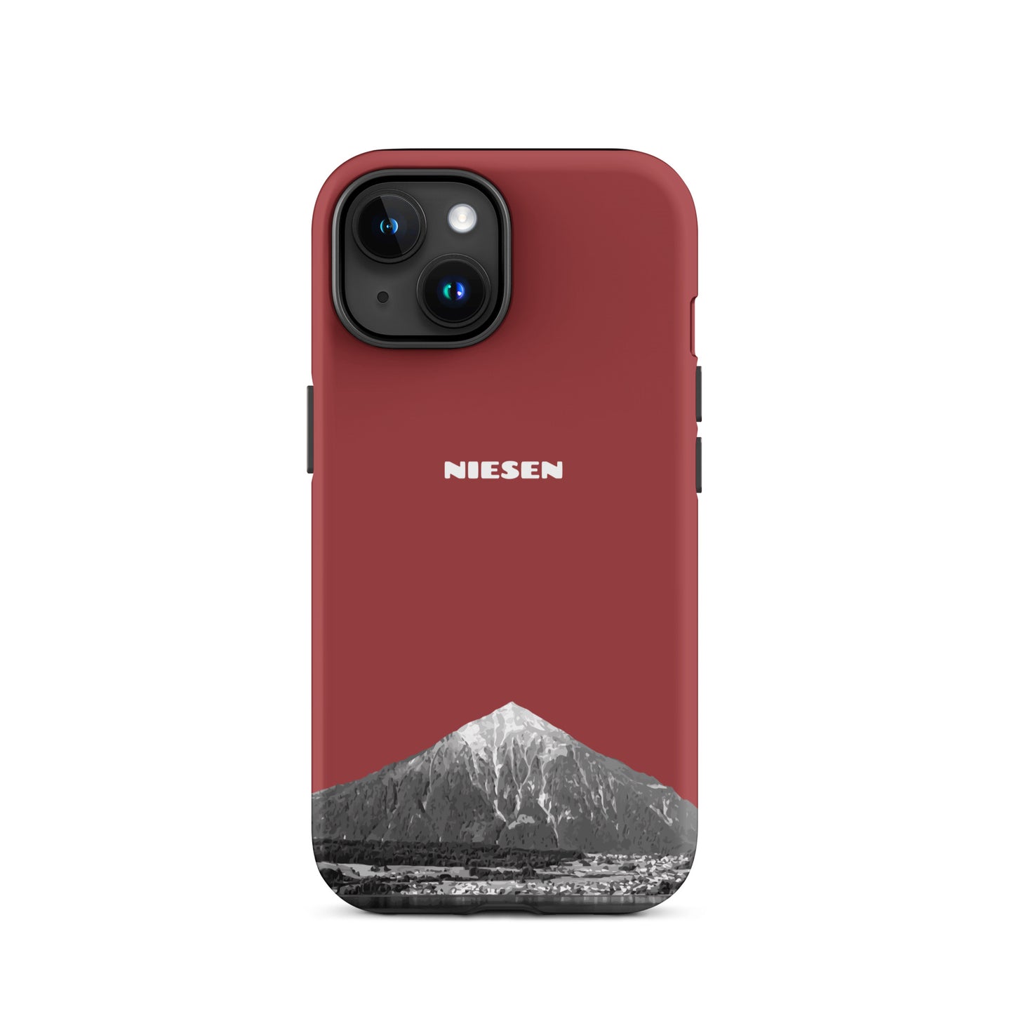Rote iPhone 15 Hülle mit Niesen-Motiv, matt, stoßfest, präzise Aussparungen, Berner Oberland Design.