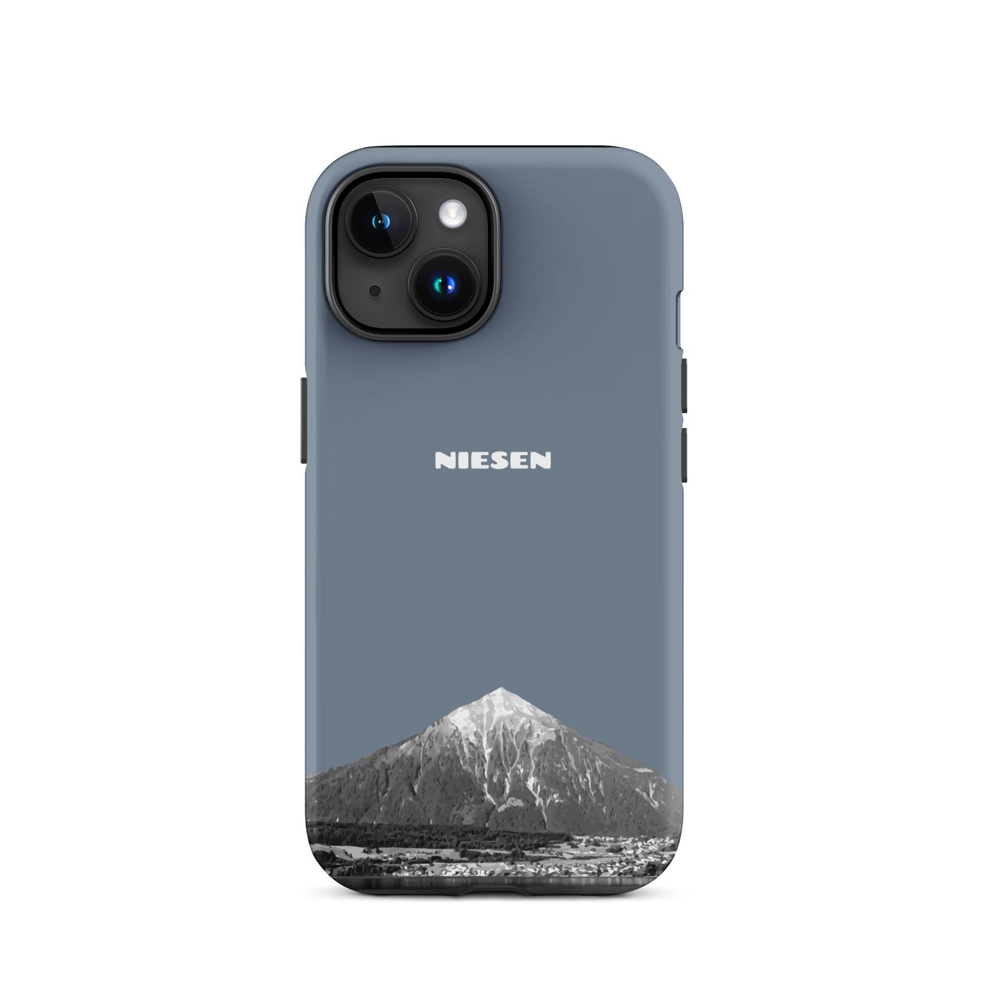 Schiefergraue iPhone 15 Hülle mit Niesen-Motiv am Thunersee. Mattierte Oberfläche, robustes Design.