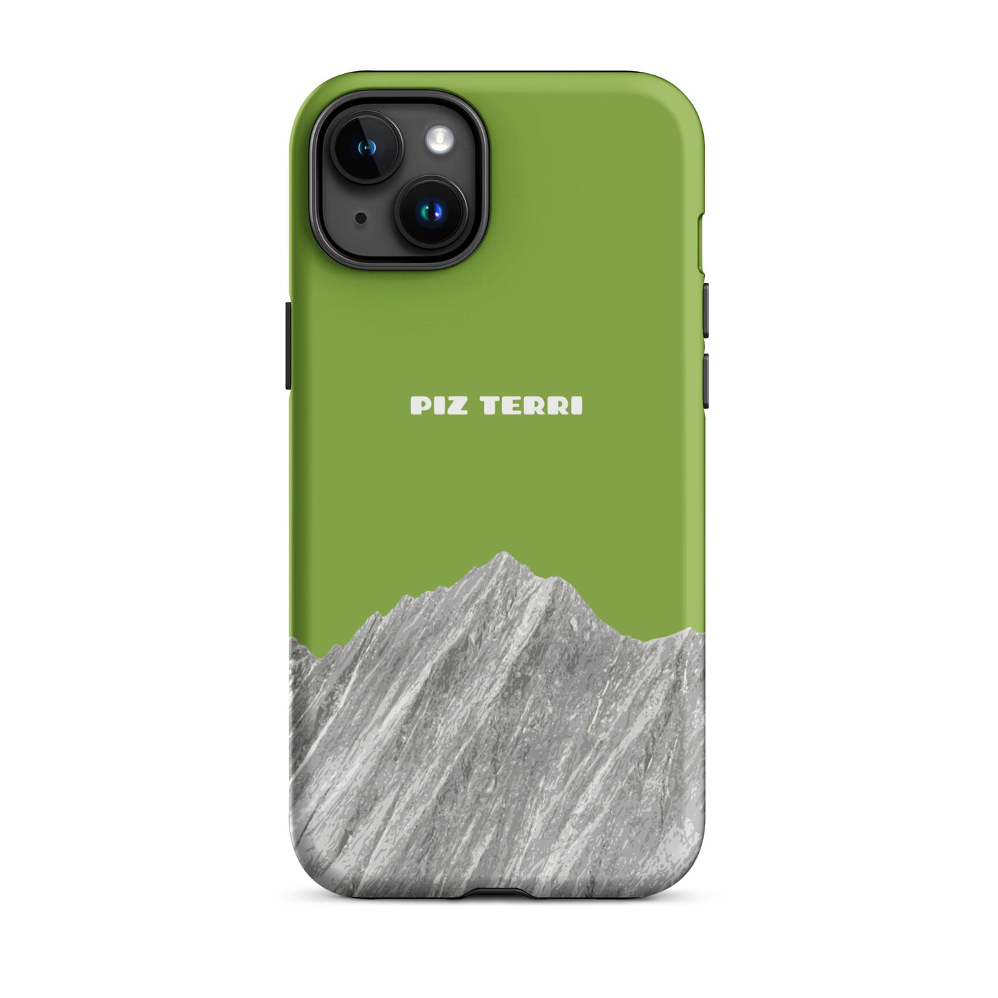 Gelbgrüne iPhone-Hülle mit Piz-Terri-Design, matt, für iPhone 15 Plus, Vorderansicht.