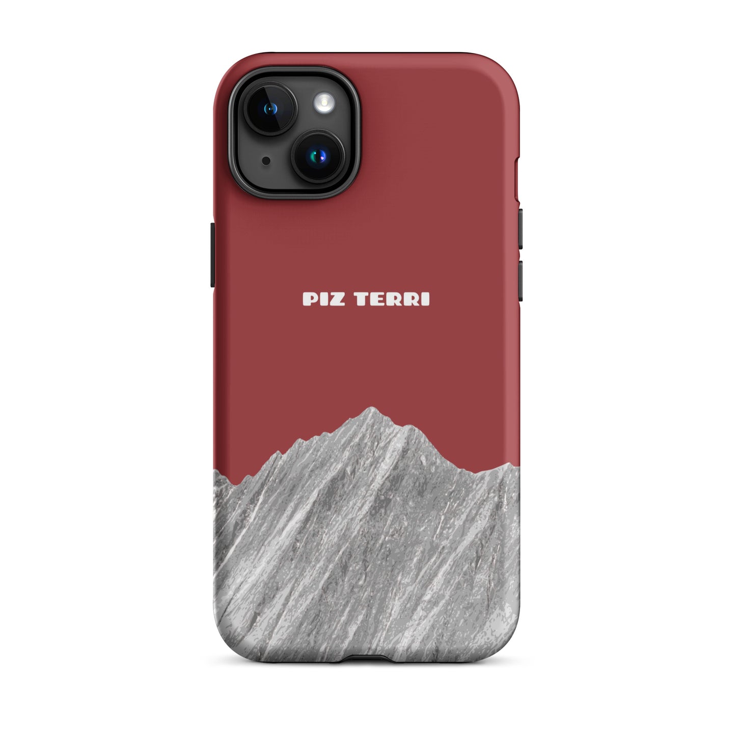 Robuste iPhone 15 Plus Handyhülle in Rot mit mattem Finish, Piz Terri Design, Vorderansicht.